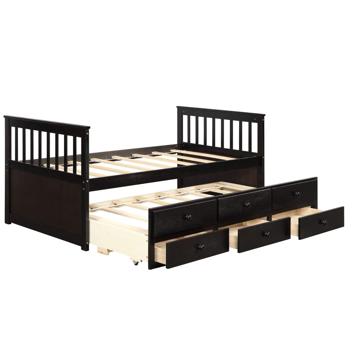 Twin Captain&rsquo;s Bed with Trundle Bed, Wood Storage Daybed with 3 Storage Drawers