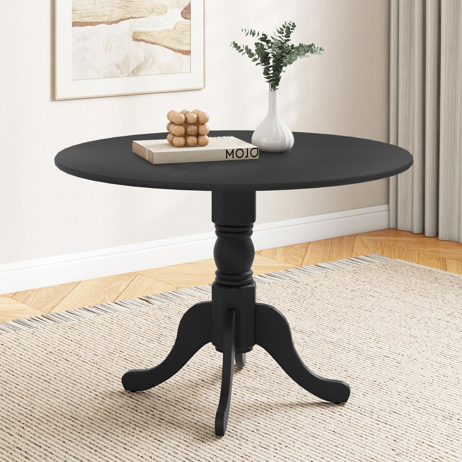 Wood Round Dining Table for 4 People with Round Tabletop & Curved Trestle Legs