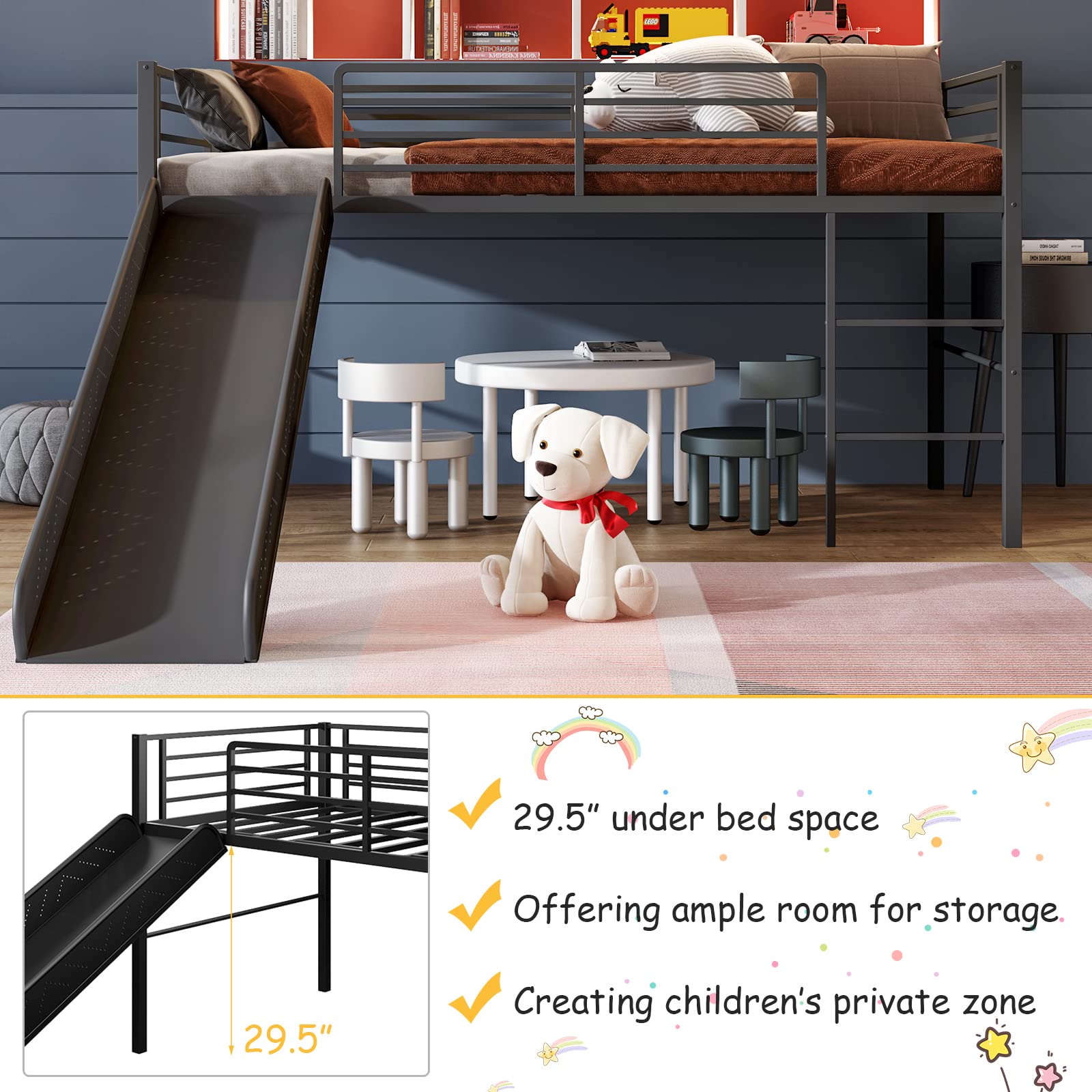 Twin Metal Low Loft Bed with Slide, Safety Guardrails & Built-in Ladder