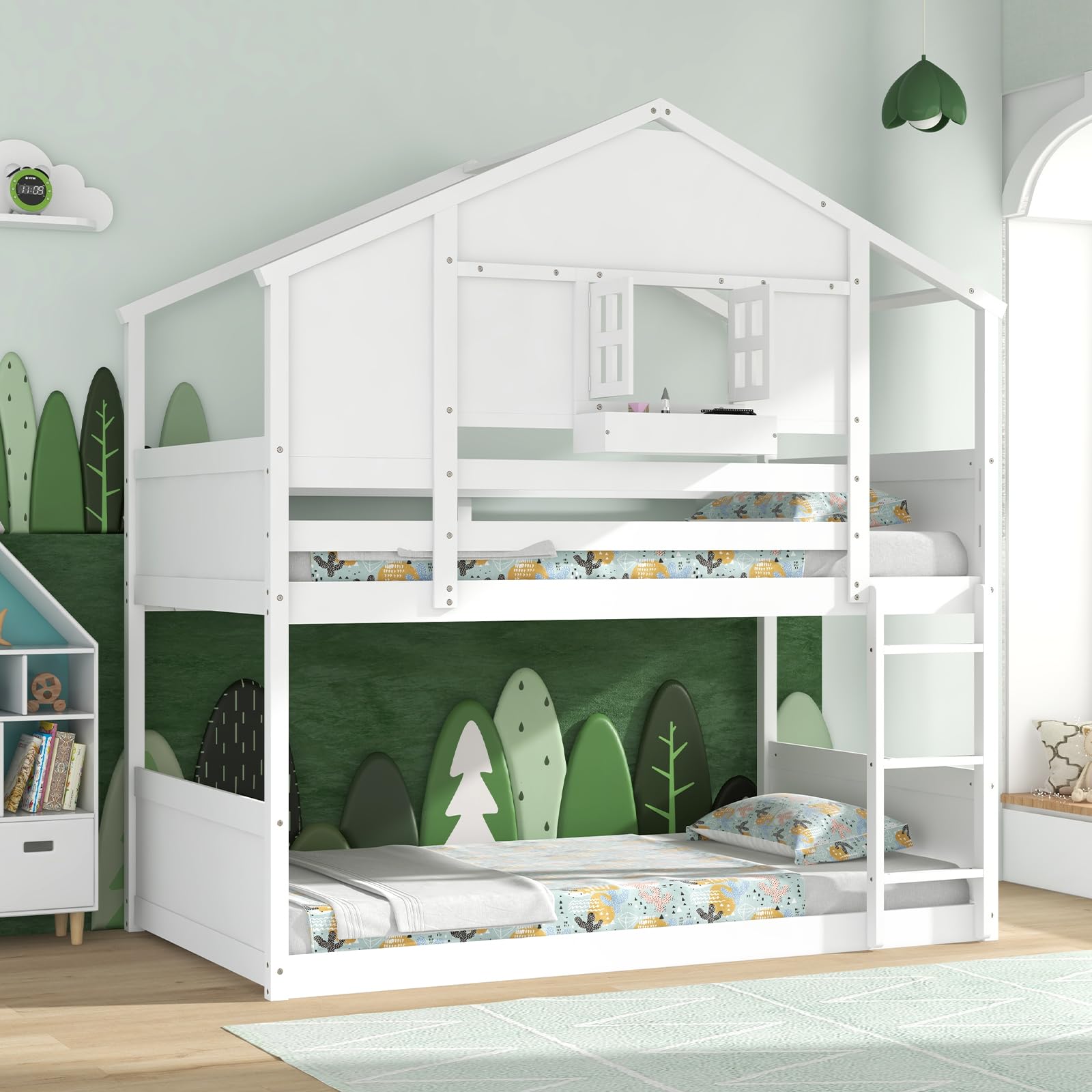Twin Over Twin Wood House Bunk Bed for Kids with Roof, Window Door, Storage Box, Safety Guardrails, Wood Slats & Ladder