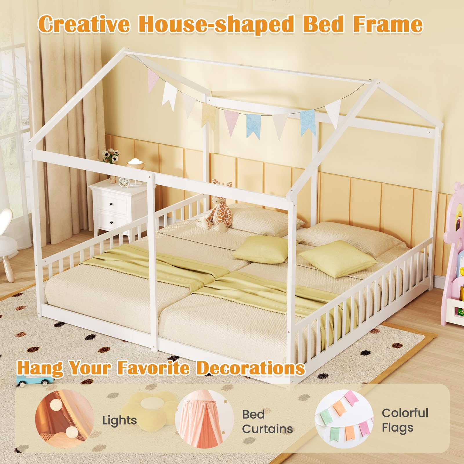 Double Twin Floor Beds for 2 Kids, Wood Twin Size House Beds with Safety Guardrails
