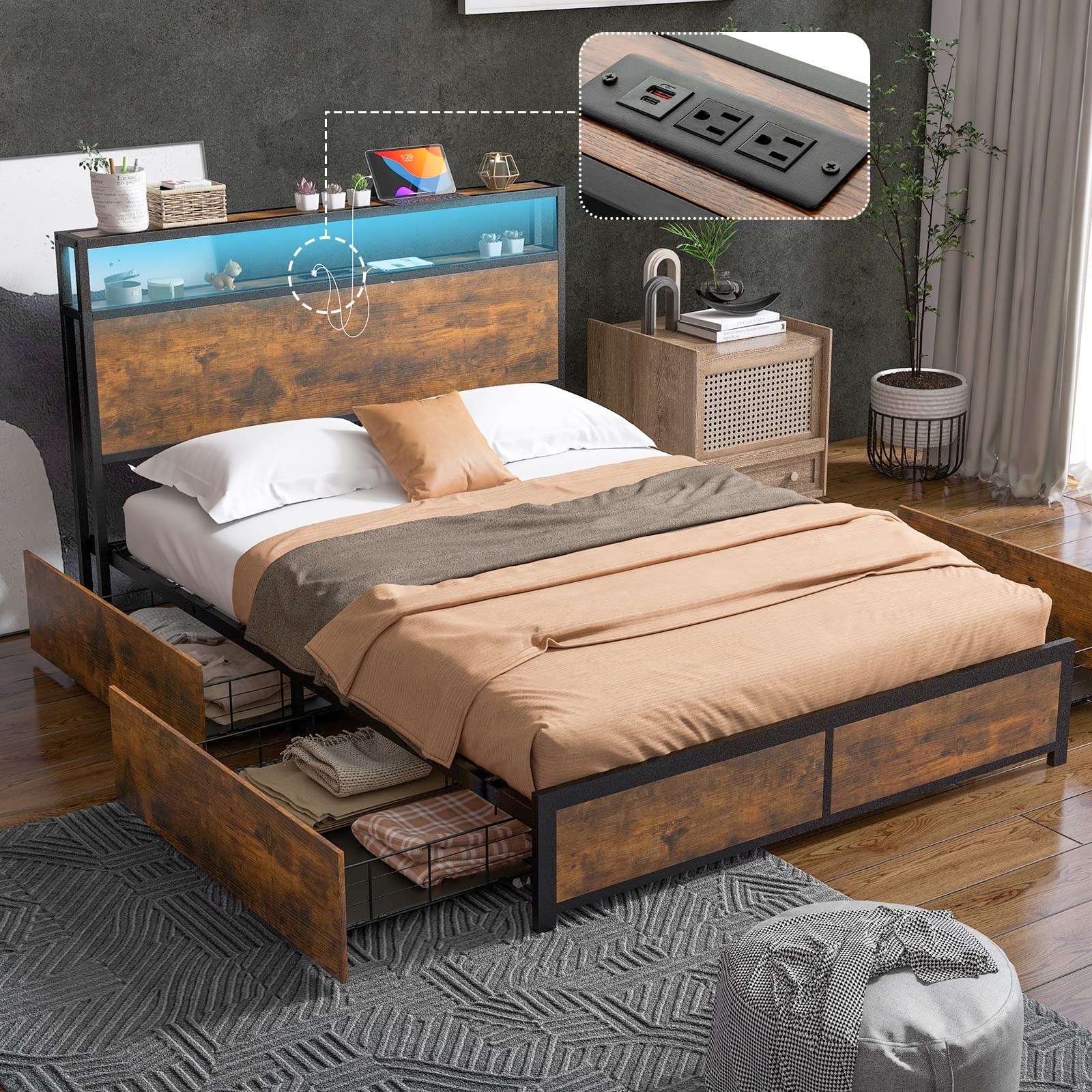 Metal Bed Frame with LED Lights Headboard and 4 Storage Drawers, Outlets and USB Ports Charging Station