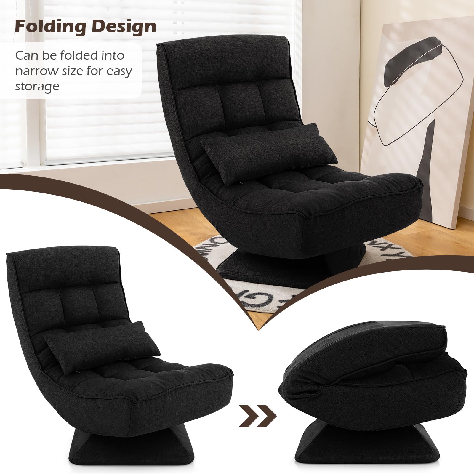 Adjustable Swivel Floor Chair, 5 Position Video Game Chair with Massage Lumbar Pillow, Swivel Base, Steel Frame