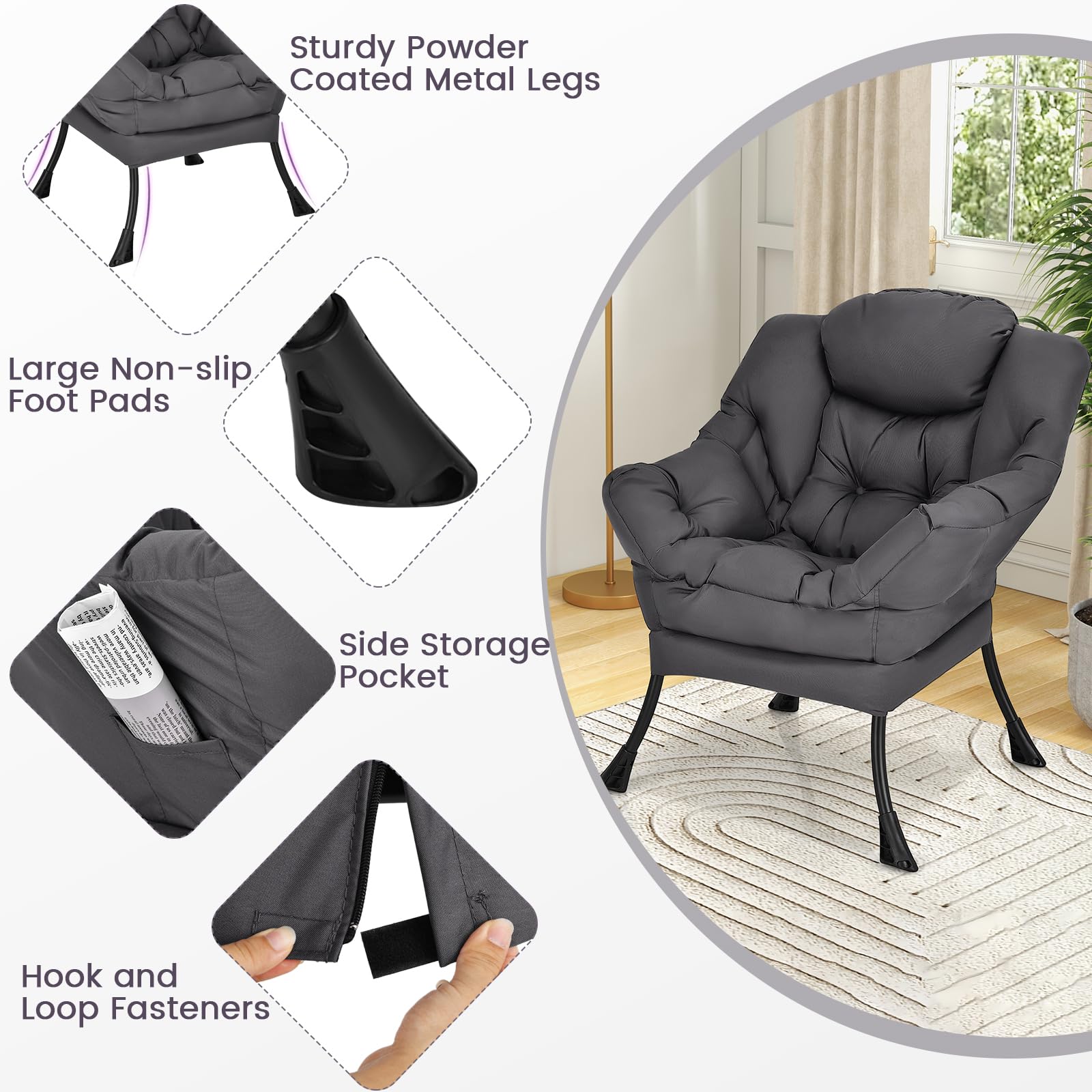 Modern Lazy Chair, Upholstered Single Sofa Chair w/Armrests & Side Pocket