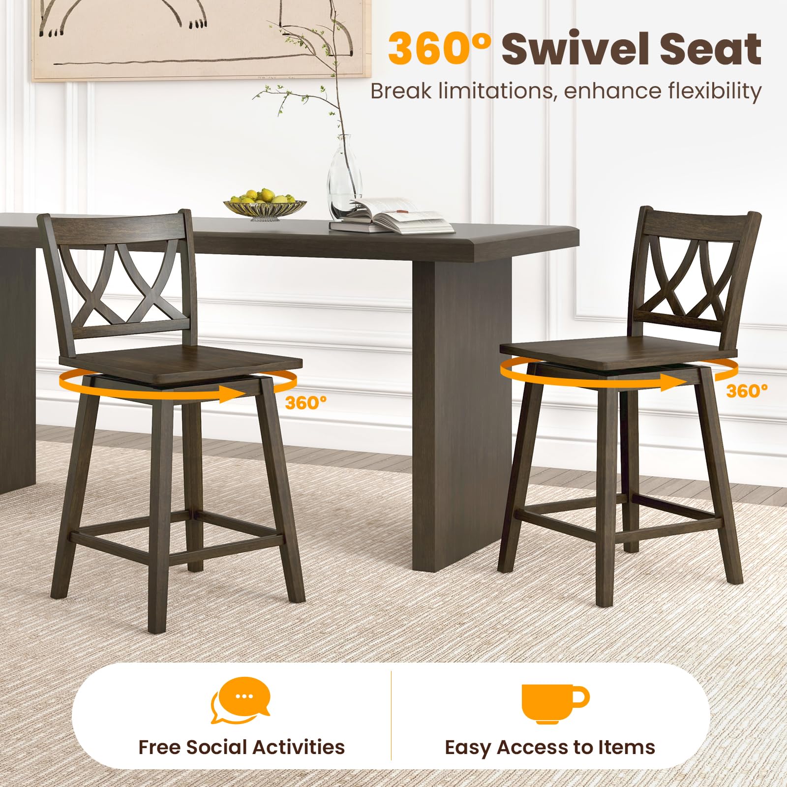 Swivel Wooden Bar Stools Set of 2/4 with Rubber Wood Frame, Footrest & Ergonomic Backrest