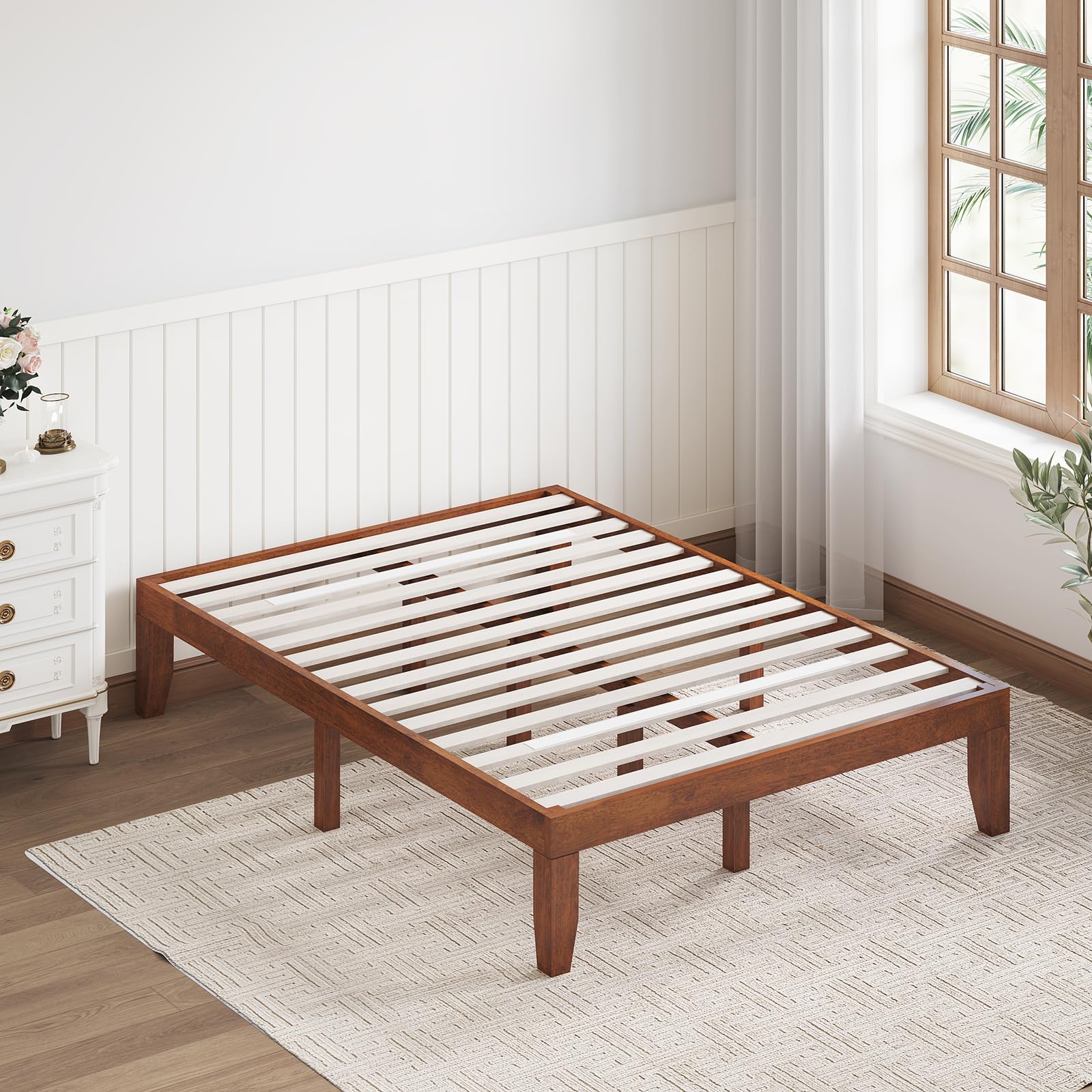 14 Inches Wood Platform Bed Frame, Solid Wood Mattress Foundation with Rubber Wood Frame