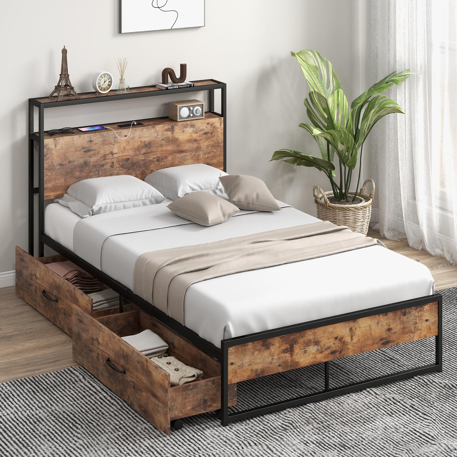 Bed Frame with 2 Storage Drawers and Charging Station, Rustic Metal Slats Support Mattress Foundation