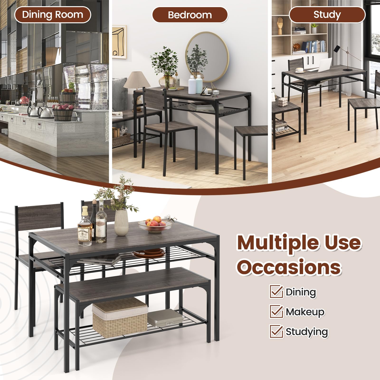 4 Pieces Dining Table Set, Kitchen Table and 2 Chairs for 4 with Bench, Storage Racks