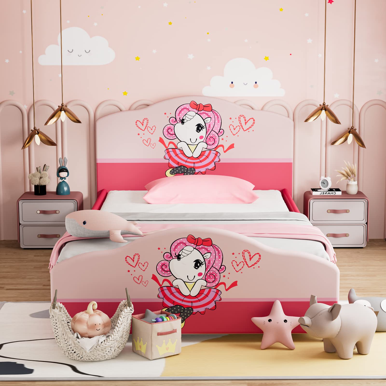 Kids Twin Bed Frame with Headboard, Toddler Upholstered Platform Bed with Slatted Bed Base