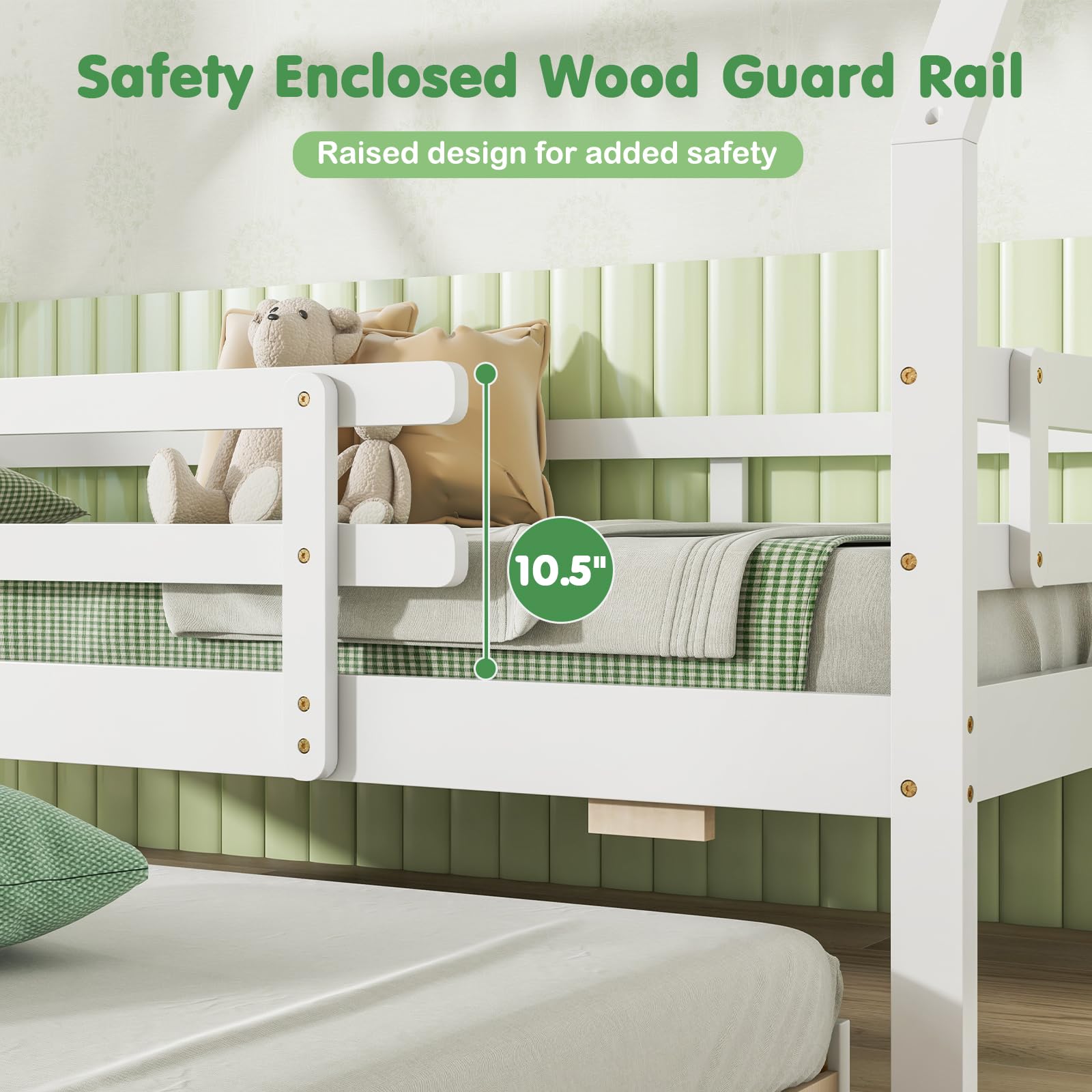 House Bed with Trundle Wood Bed Frame with Safety Rails & Roof