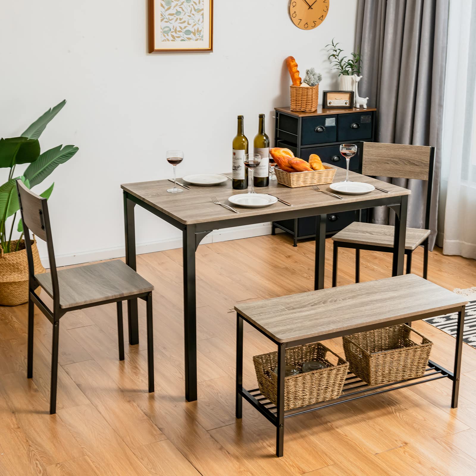 Dining Table Set for 4, Industrial Gathering Bench Dining Set W/Metal Frame & Storage Rack