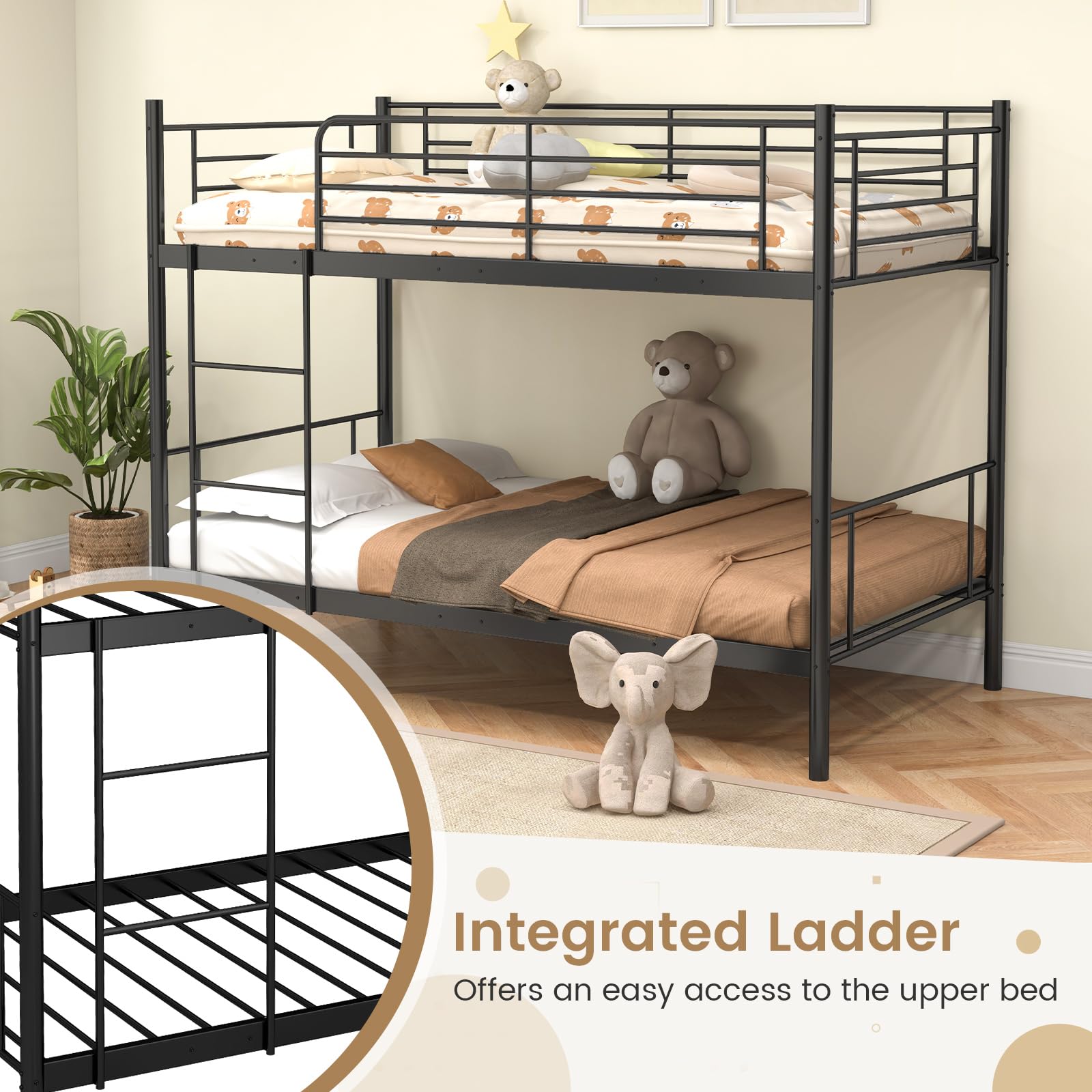 Twin Over Twin Metal Bunk Bed with Ladder & Full-Length Guardrails