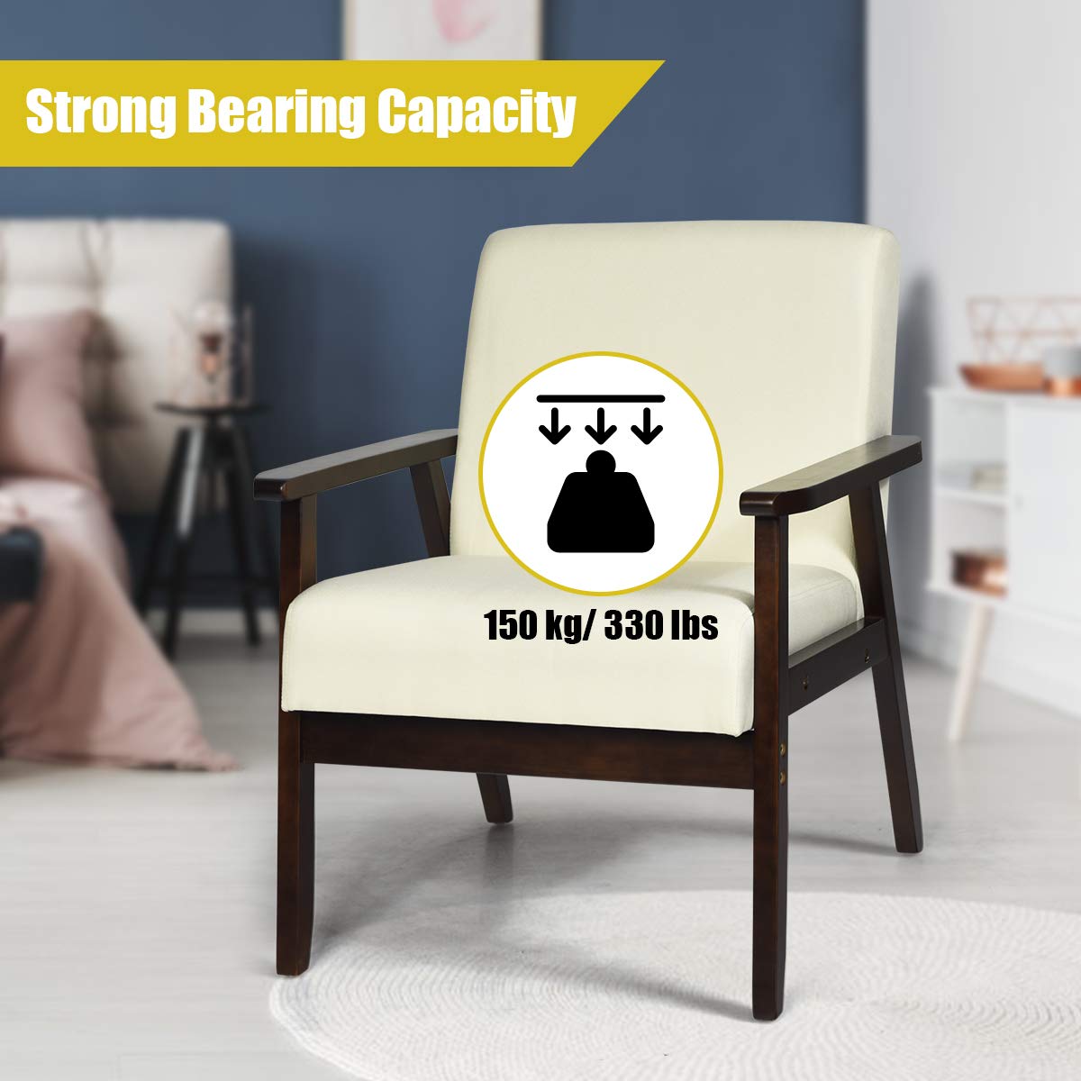 Armrest Accent Chair, Upholstered Linen Fabric Lounge Chair with Rubber Wood Legs, Comfortable Backrest