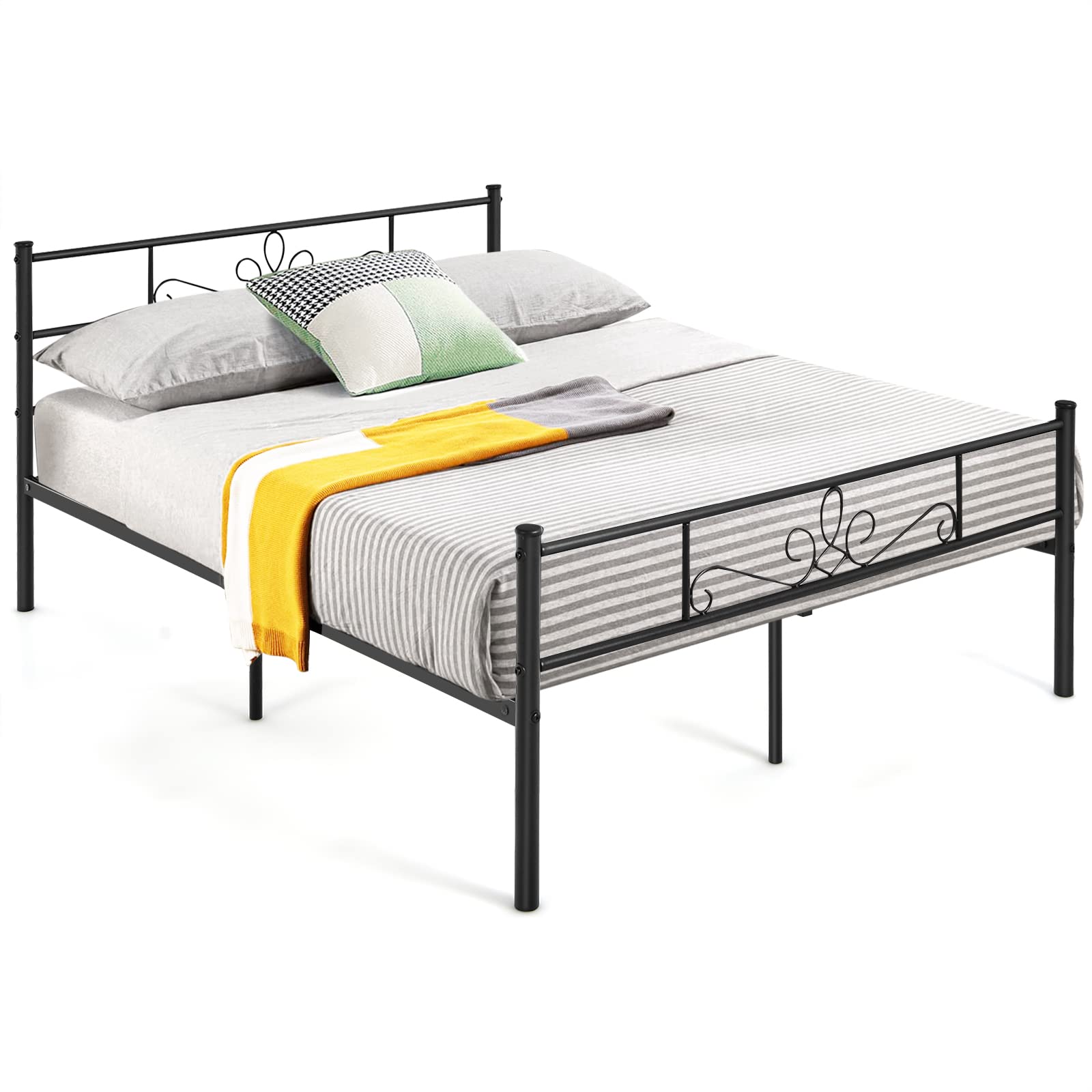 Metal Platform Bed Frame with Headboard & Footboard, Reinforced Metal Slats Supported Mattress Foundation