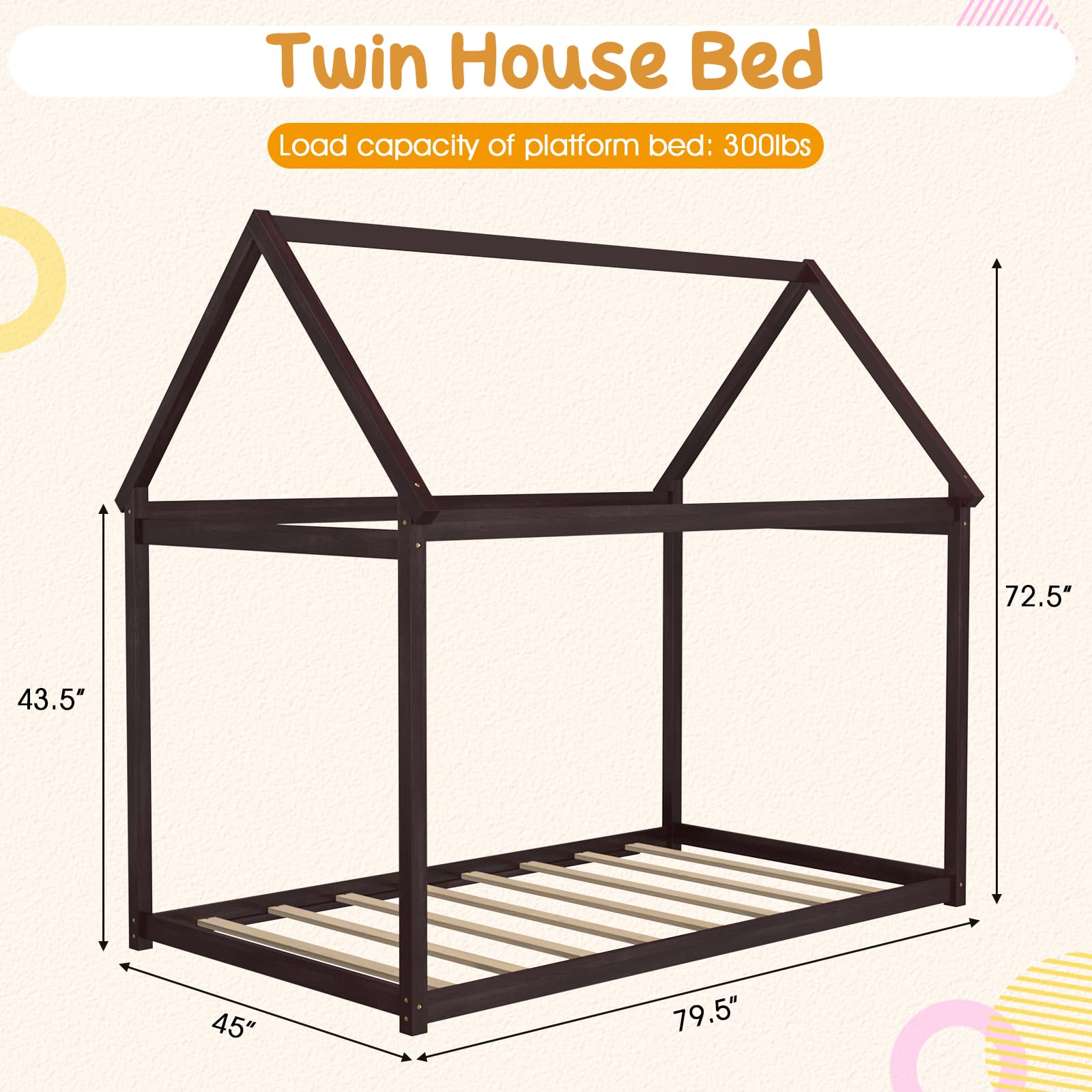 Twin Size House Bed for Kids, Solid Wood Platform Floor Bed with Roof & Multiple Slats