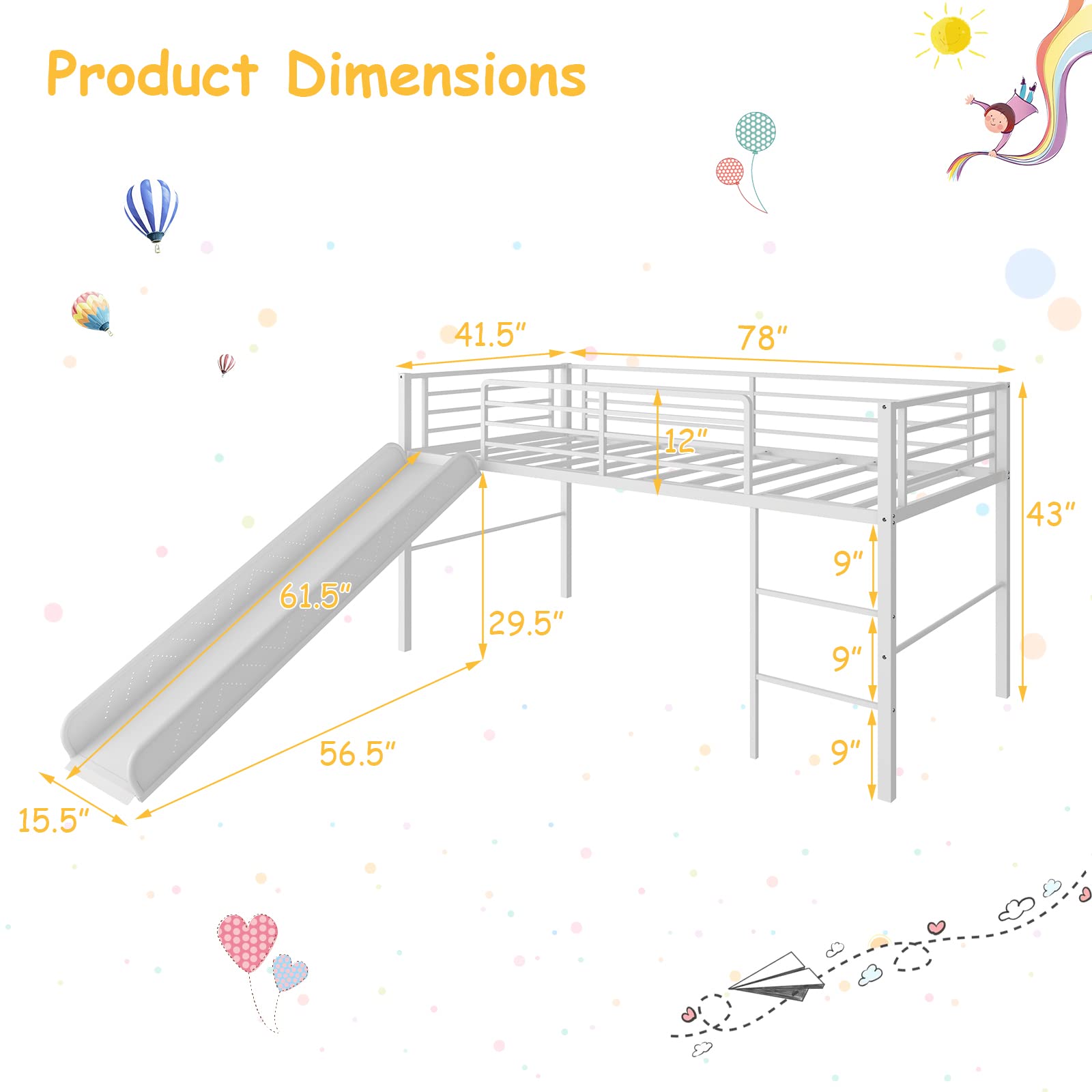 Twin Metal Low Loft Bed with Slide, Safety Guardrails & Built-in Ladder
