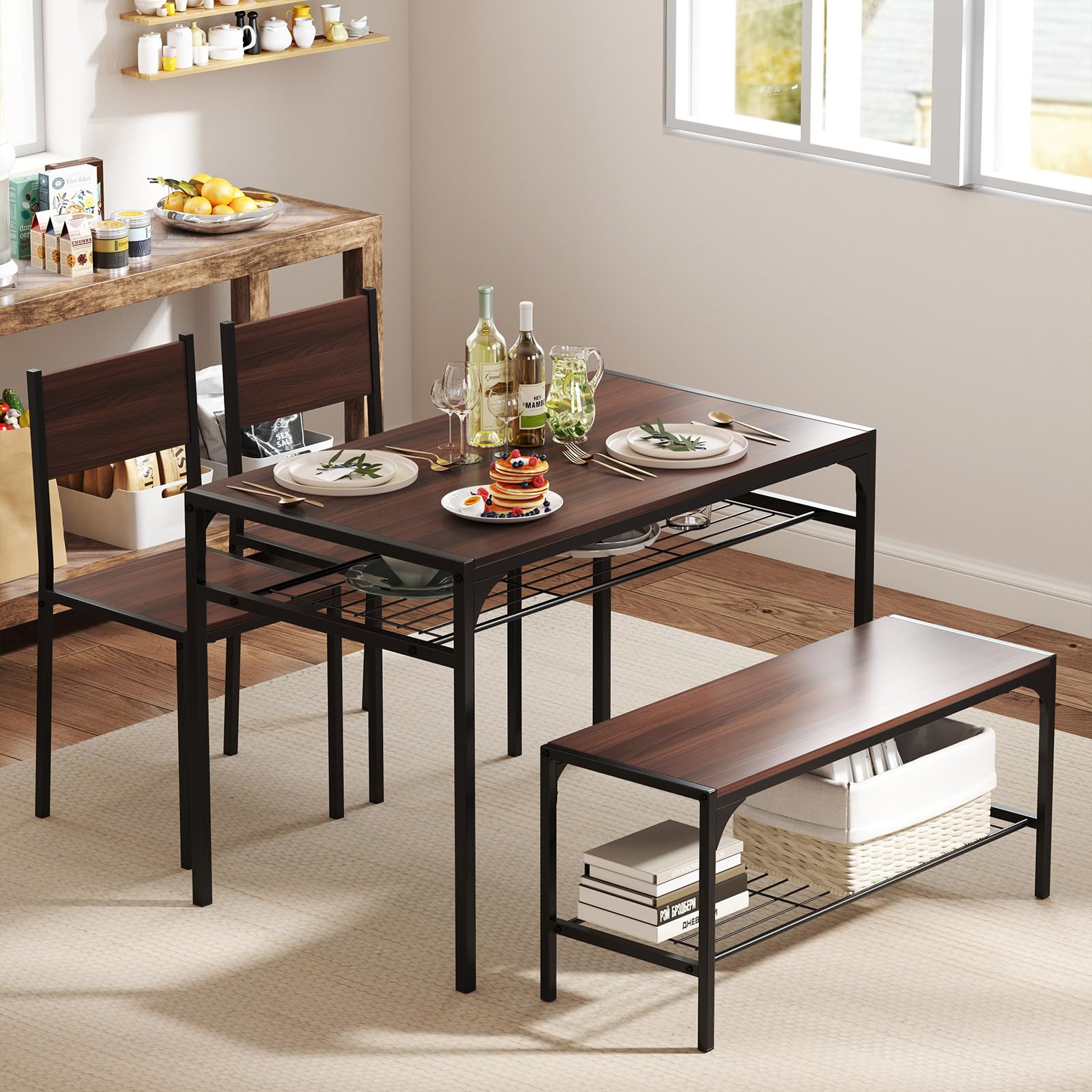 4 Pieces Dining Table Set, Kitchen Table and 2 Chairs for 4 with Bench, Storage Racks