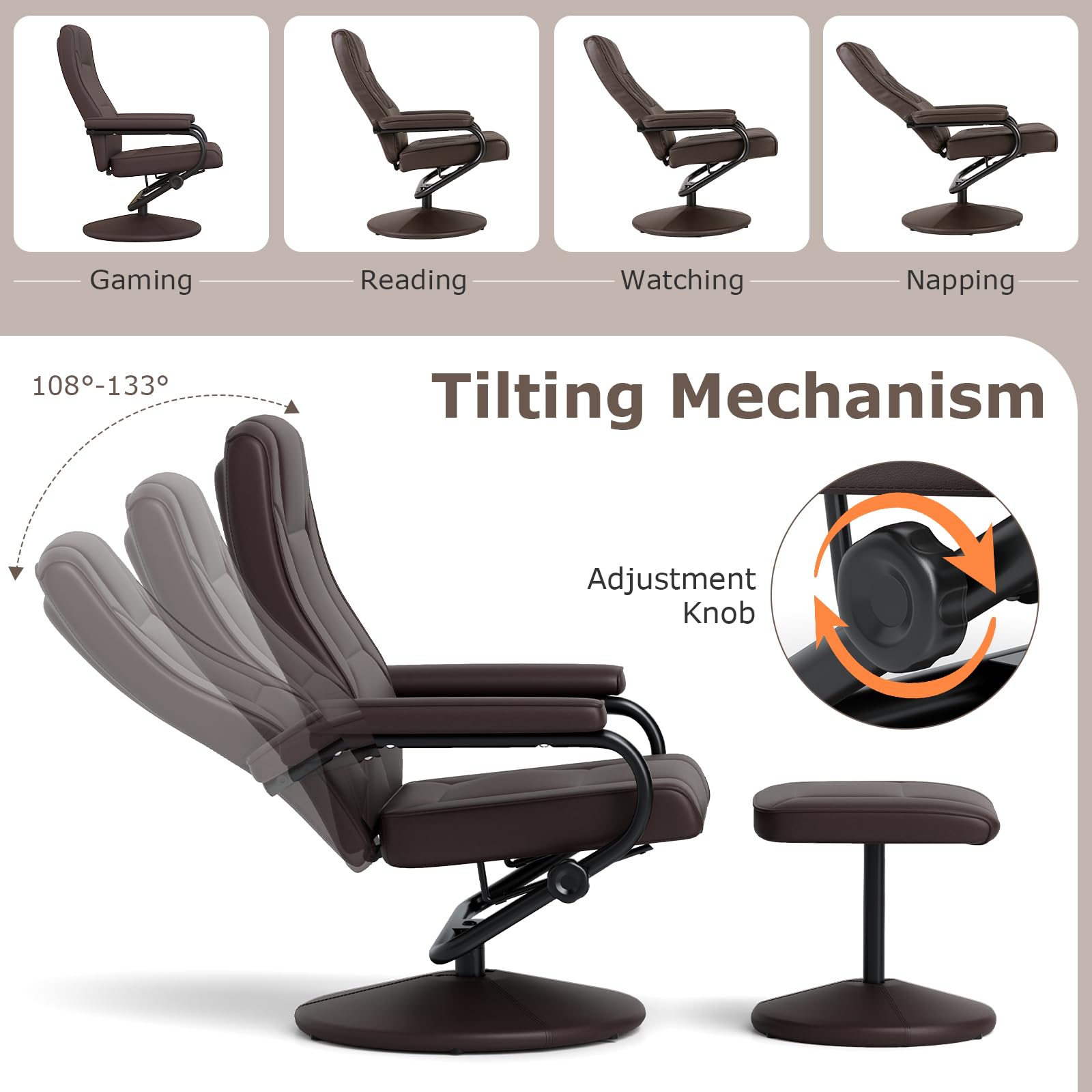 Recliner Chair with Ottoman, 360&deg; Swivel Faux Leather Reclining Chair w/Adjustable Backrest, Footrest