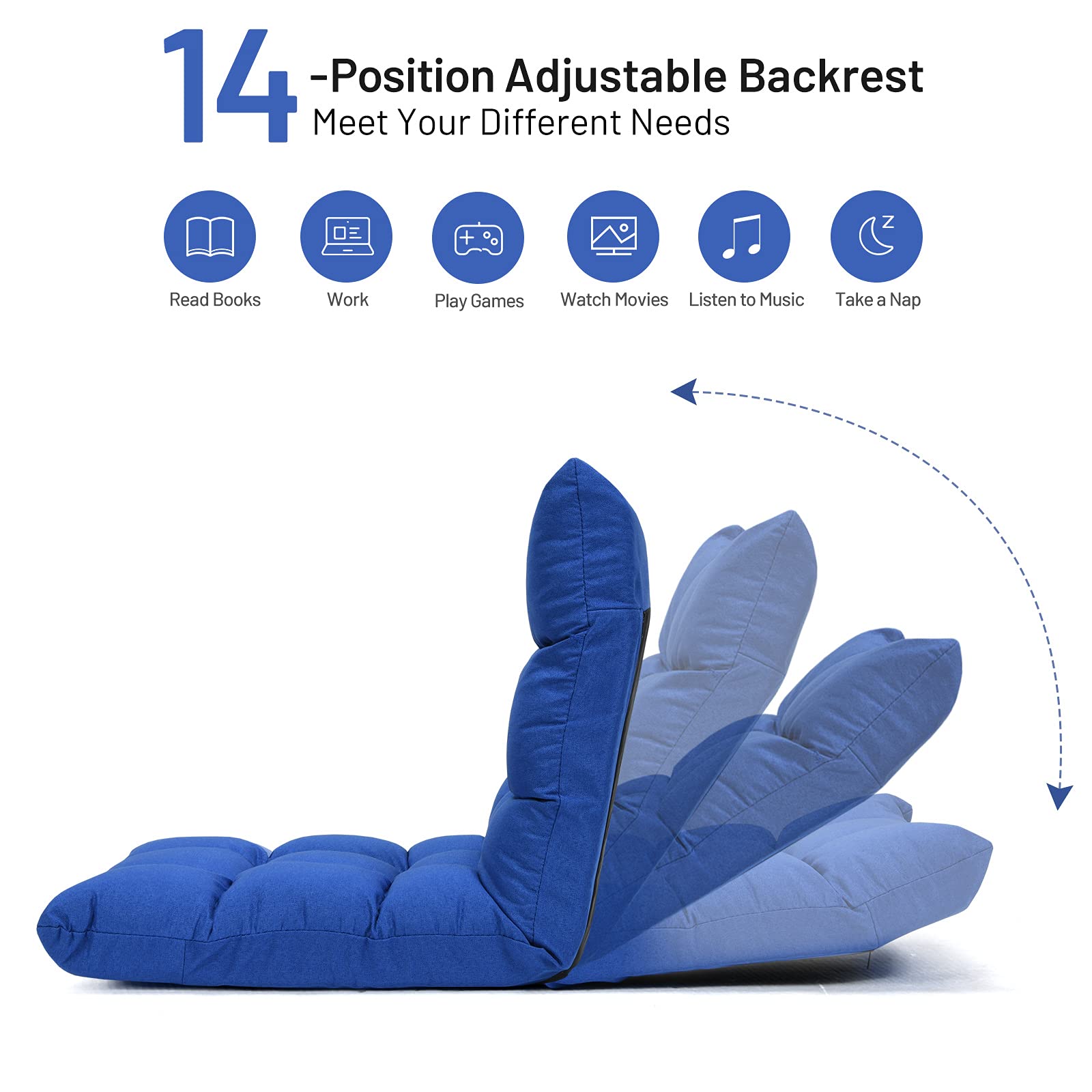 Folding Gaming Floor Chair，Adjustable 14-Position Floor Sofa with Back Support