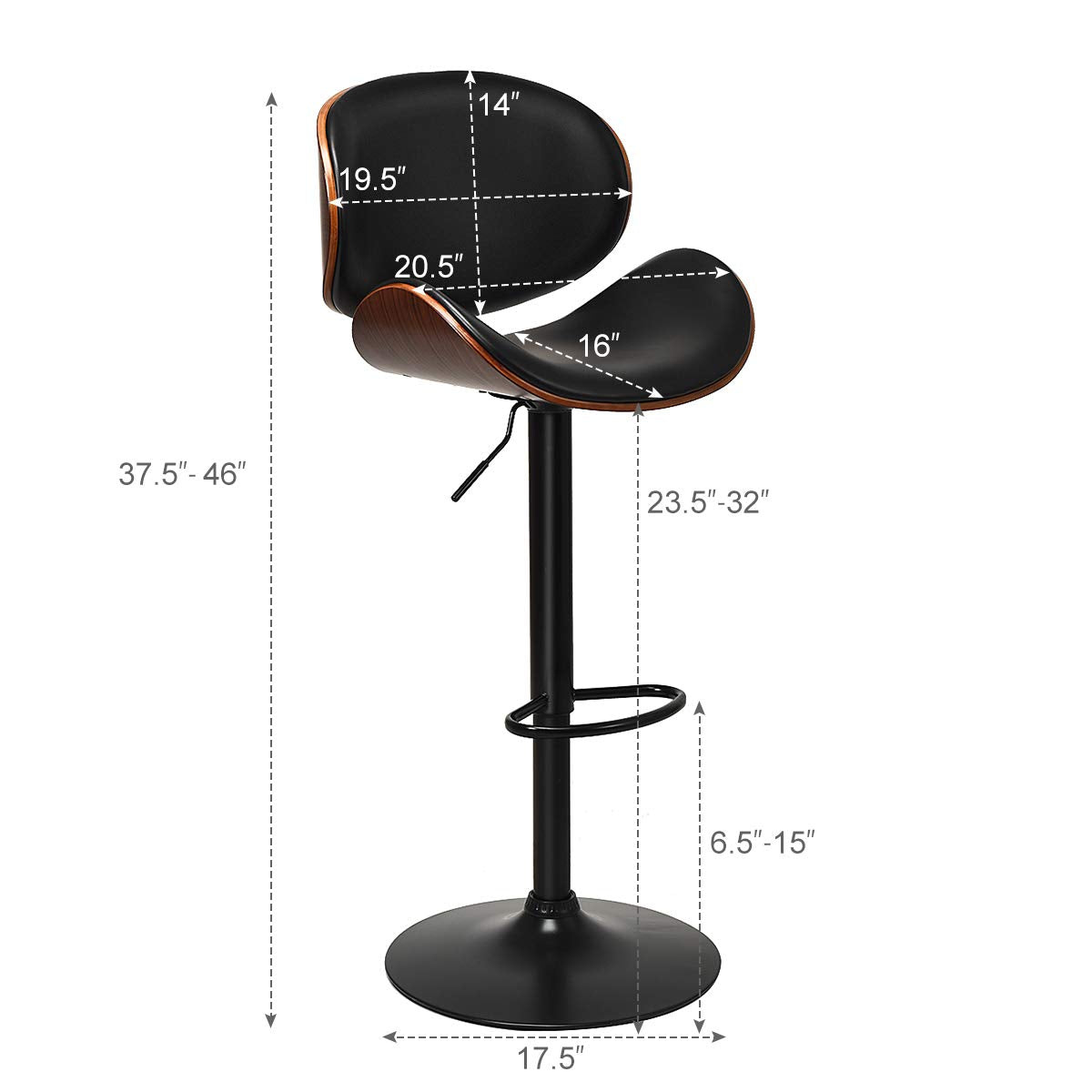 Bar Stools Set of 2/4, Adjustable Swivel Bentwood Barstools with Back, Large Iron Base, 360 Degree PU Leather Seat and Curved Footrest