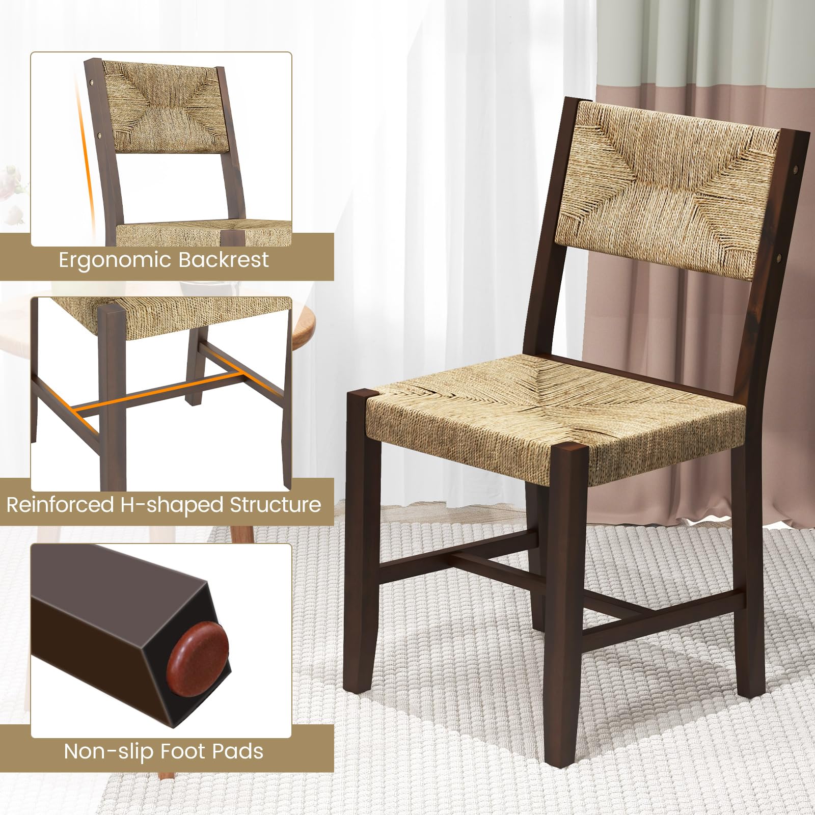 Rattan Dining Chairs Set of 2/4, Farmhouse Cane Side Chairs w/Woven Seaweed Backrest & Seat
