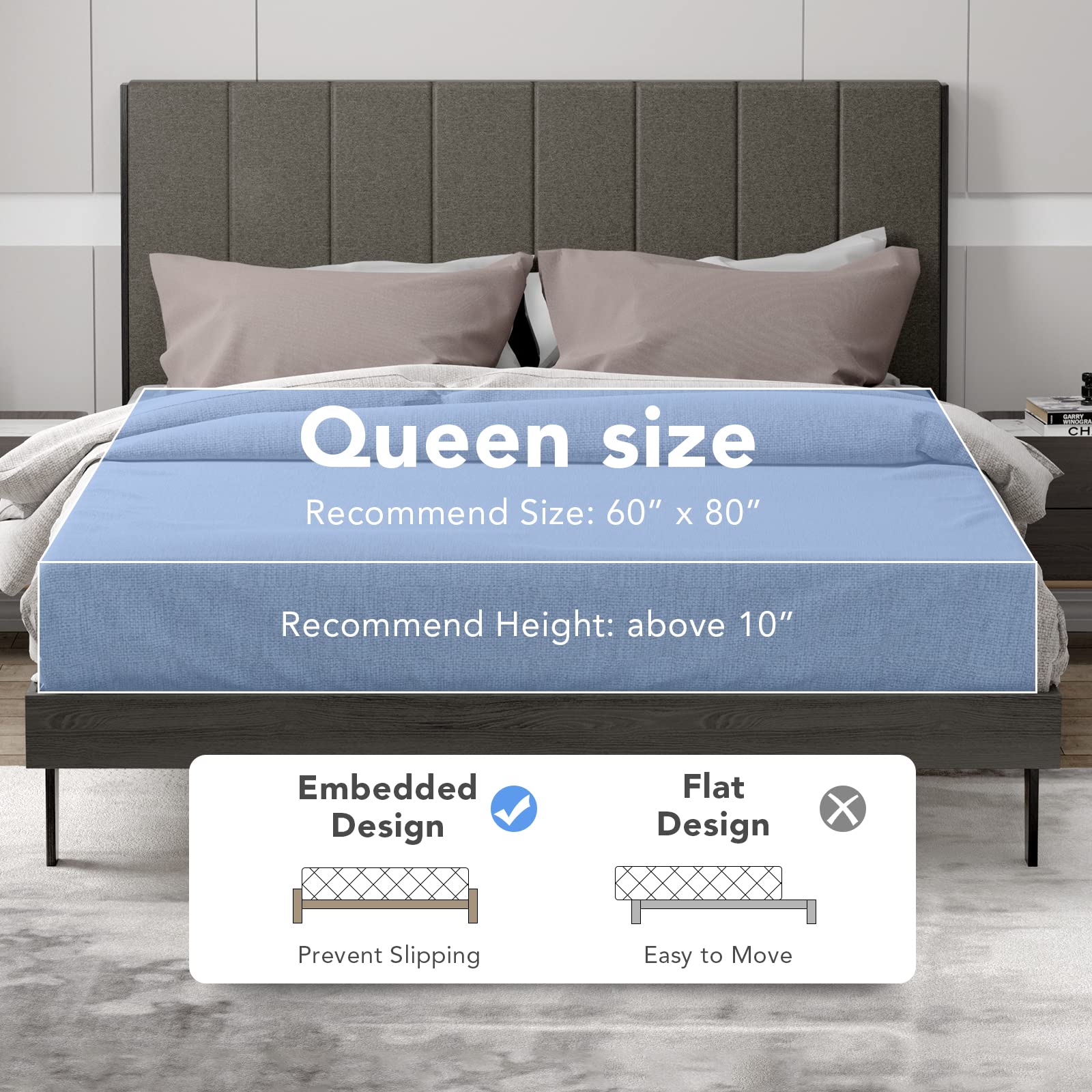 Upholstered Bed Frame, Wooden Slats Support, Queen Mattress Foundation with Tufted Headboard