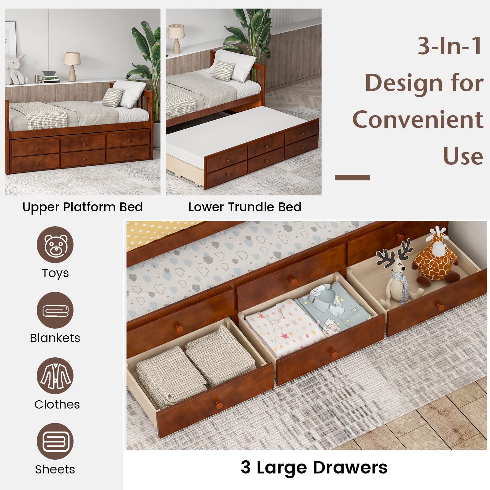 Twin Size Wooden Captain Daybed with Trundle and 3 Storage Drawers