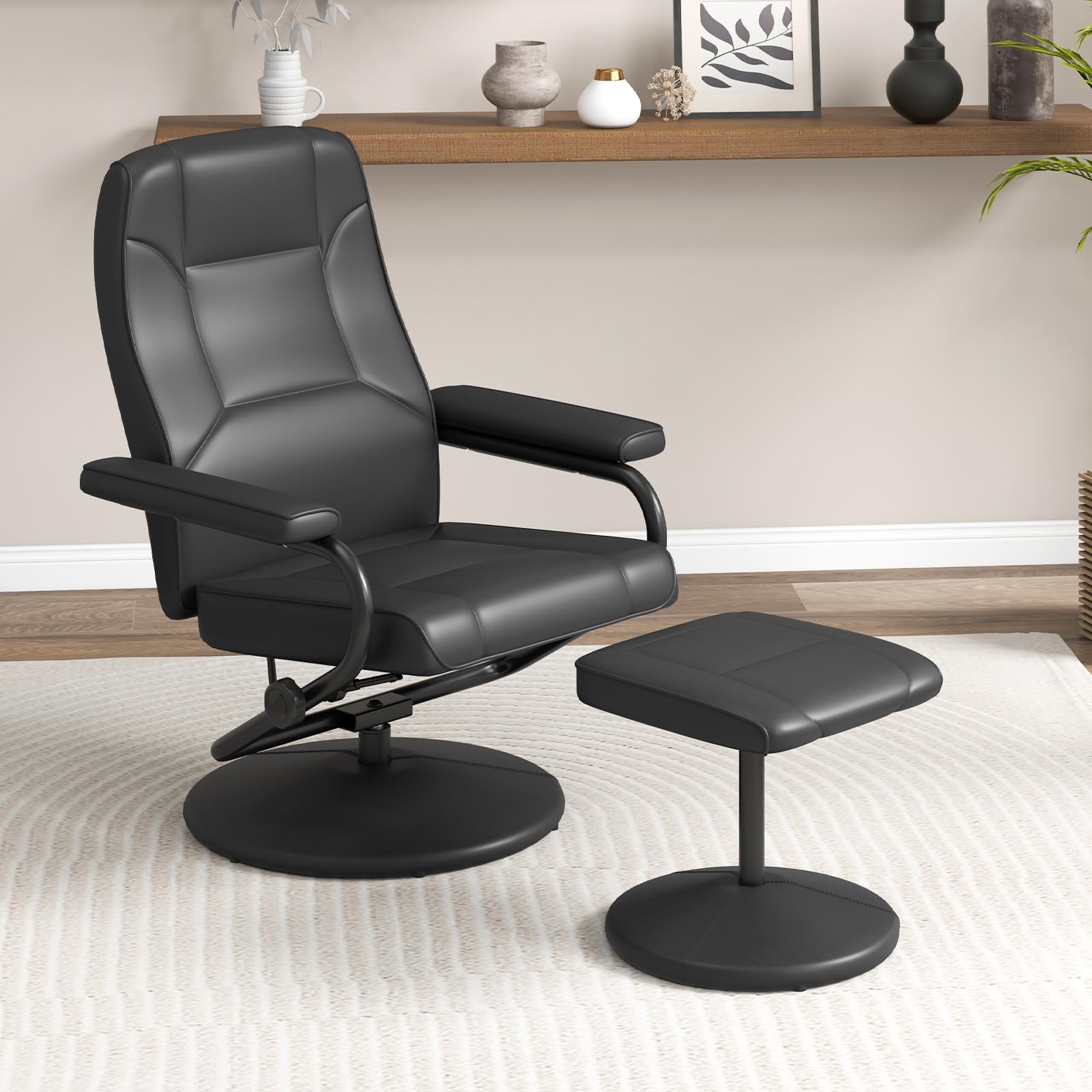 Recliner Chair with Ottoman, 360&deg; Swivel Faux Leather Reclining Chair w/Adjustable Backrest, Footrest