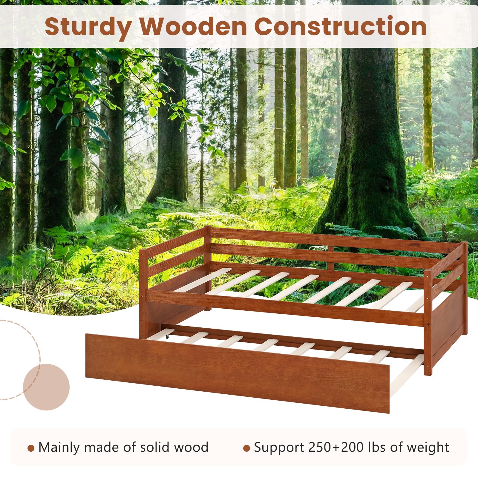 Twin Daybed with Trundle, Wood Trundle Bed with Wood Slat Support