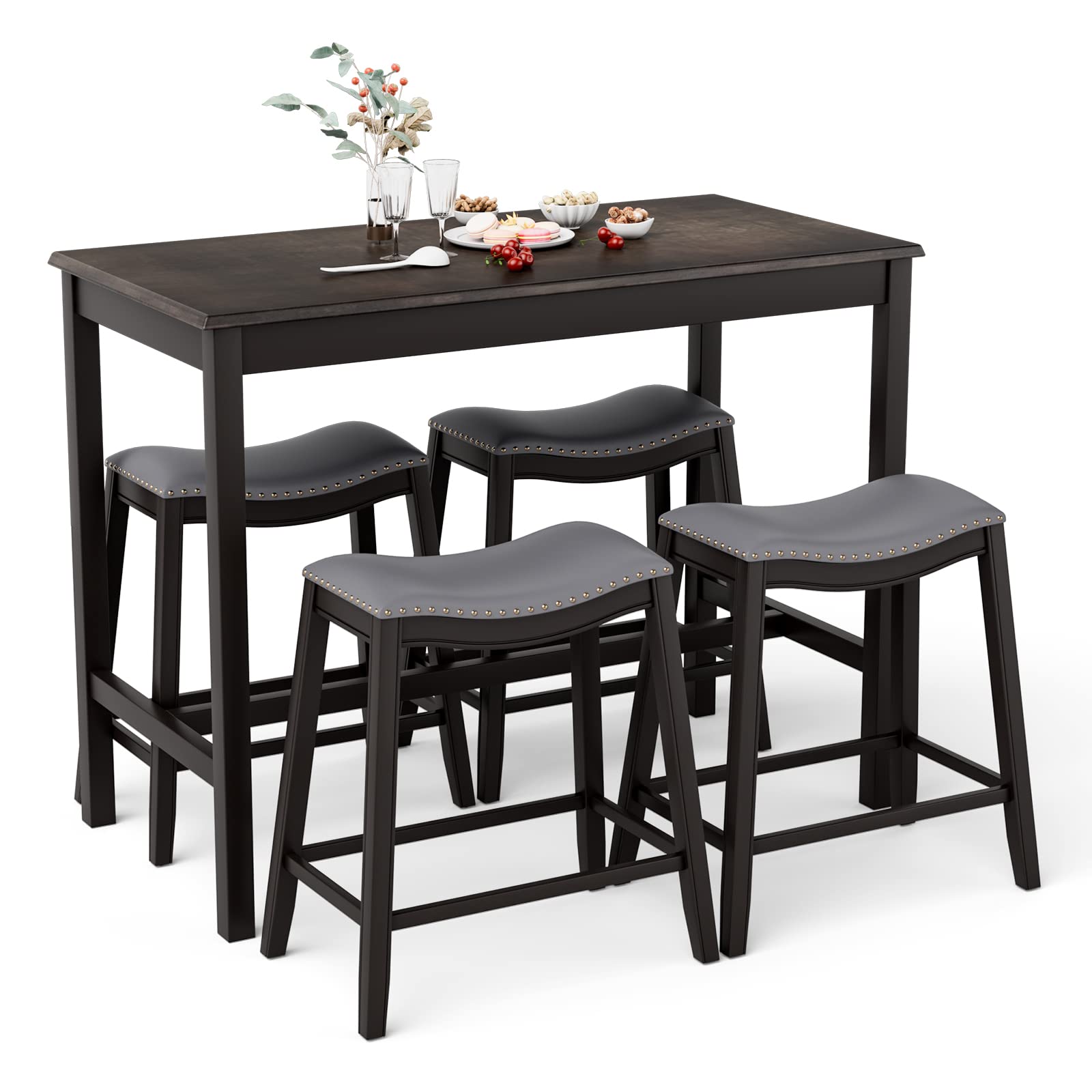 Dining Table Set for 4, Kitchen Counter Height Table w/ 4 Stools, 5 Piece Bistro Table Set