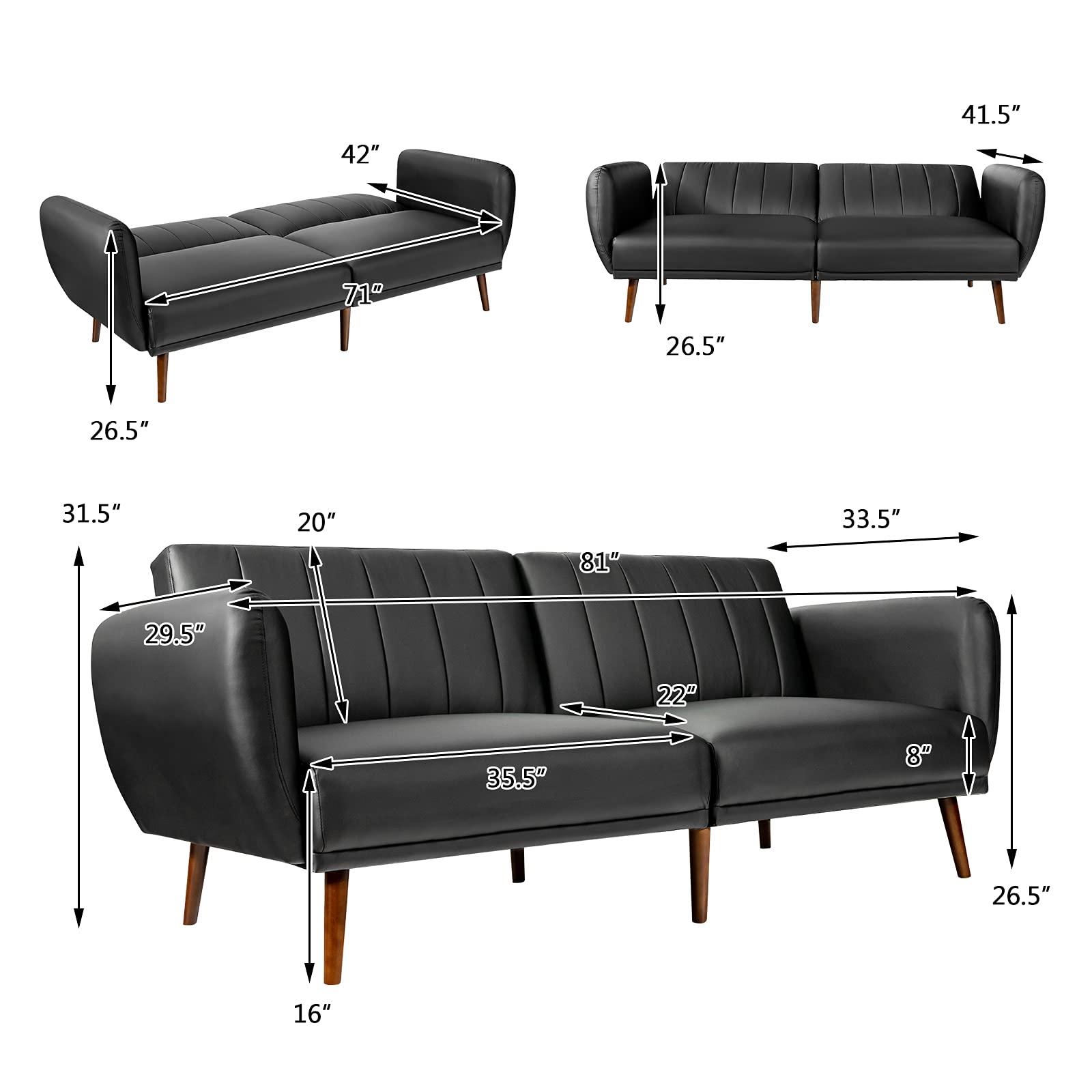 3 Seat Convertible Futon Sofa with High-Density Sponge & Adjustable Backrest