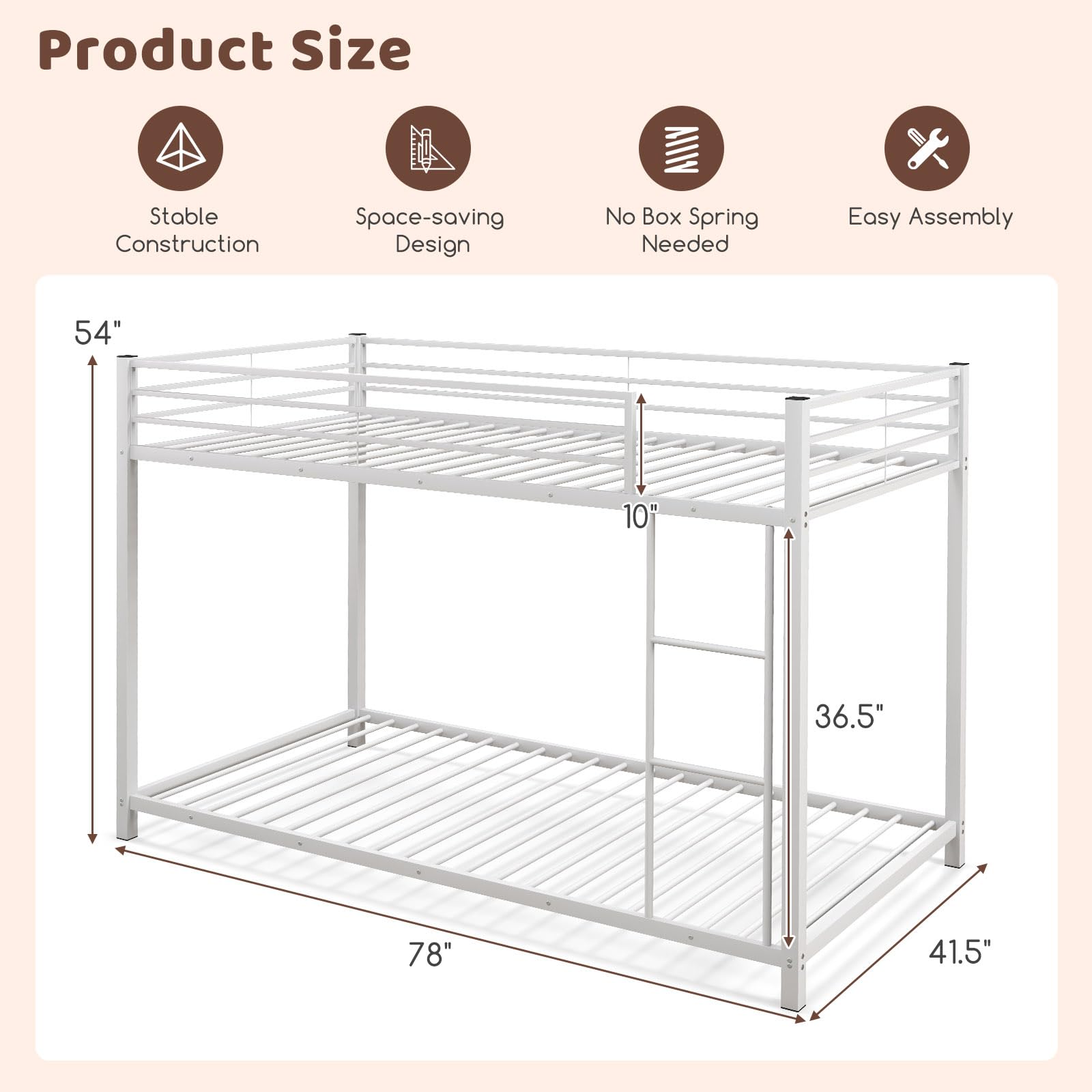 Twin Over Twin Metal Low Profile Bunk Bed with Safety Guard Rails & Side Ladder