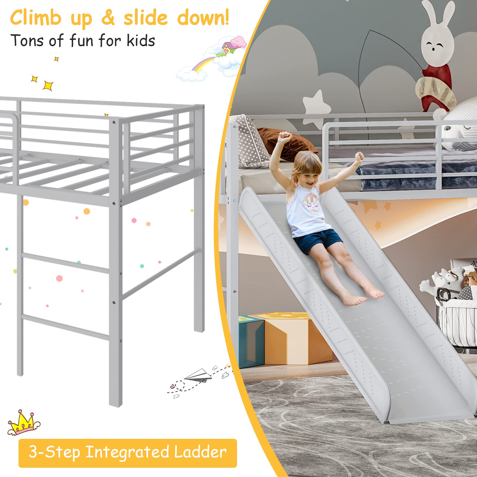 Twin Metal Low Loft Bed with Slide, Safety Guardrails & Built-in Ladder