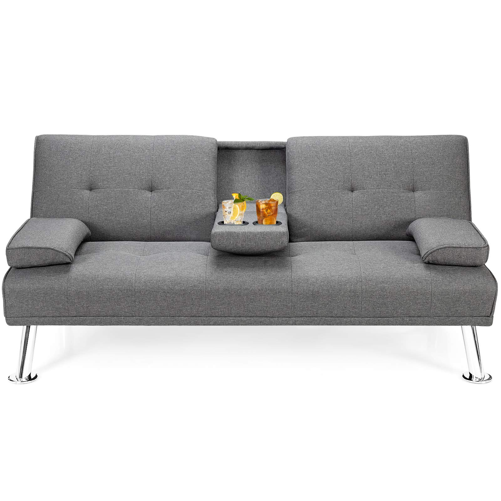 Convertible Futon Sofa Bed with Adjustable Backrest & Removable Armrests, 2 Cup Holders