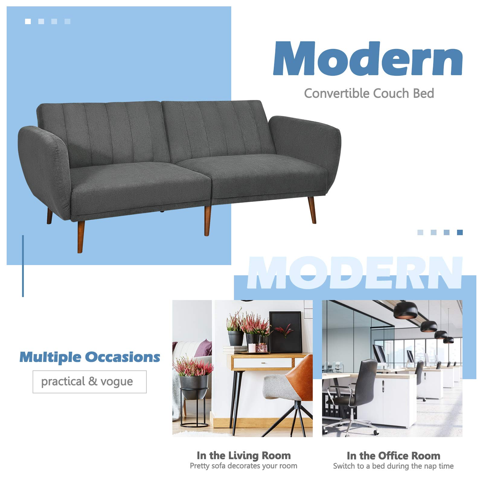 Foldable Futon Sofa Bed, Convertible Sofa Couch Upholstered Futon Sleeper Sofa, 3-Level Angle Adjustable
