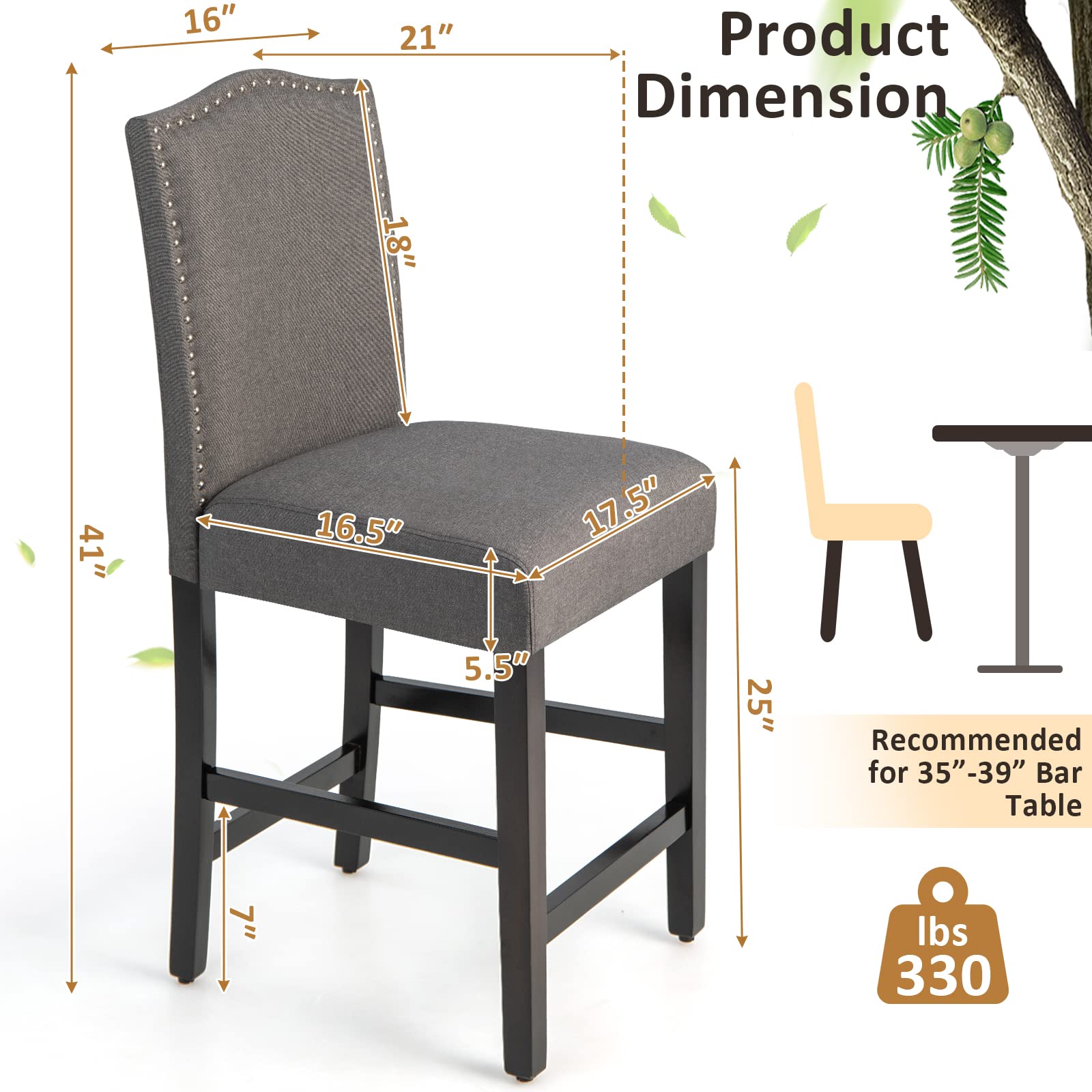 Bar Stools Set of 2/4, Counter Height Bar Dining Chairs with Rubber Wood Legs, Footrest