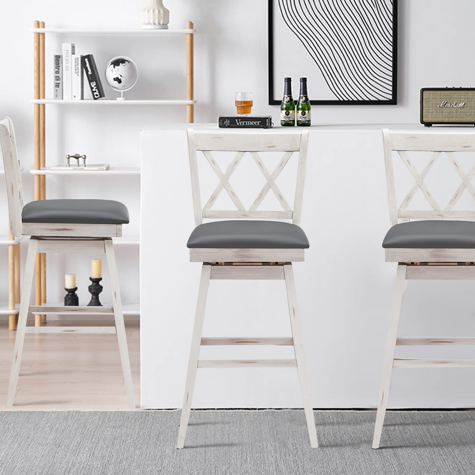 360 &deg; Swivel Bar Stool Set of 2/4 with Foot Rest Upholstered Cushion & Ergonomic Backrest
