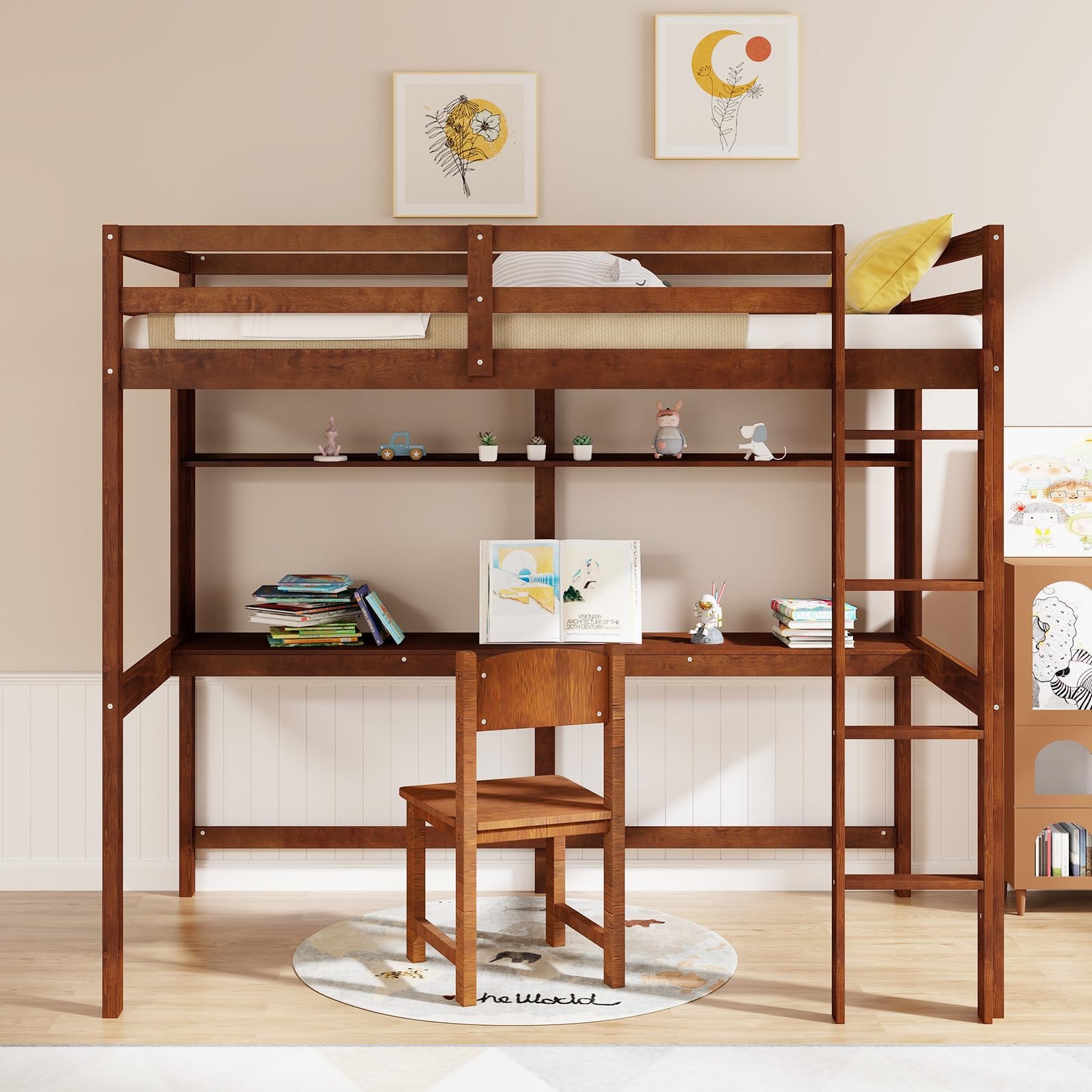 Twin Size Loft Bed with Desk, Bookshelf, Full Length Safety Guardrail & Ladder