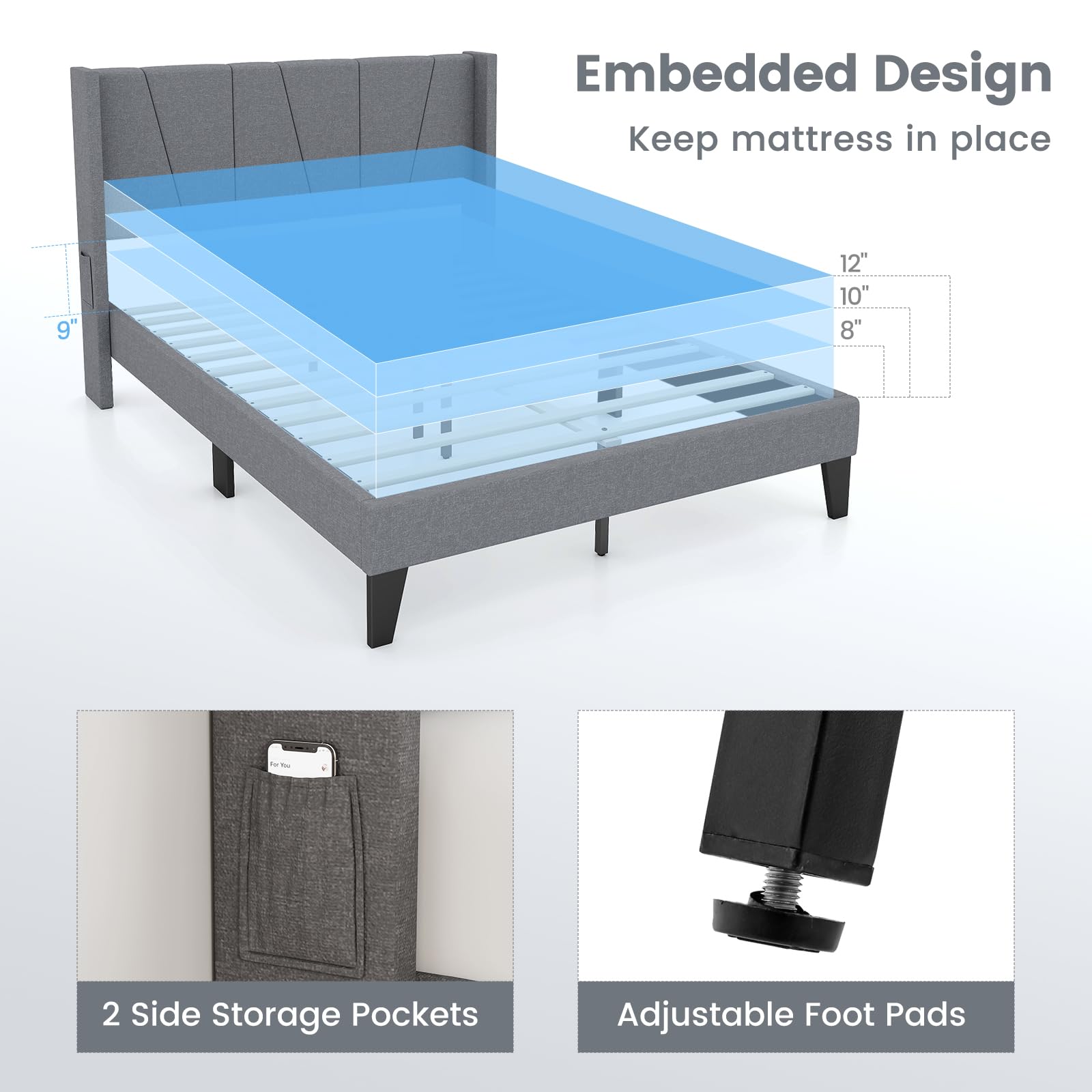 Upholstered Bed Frame with Wingback Headboard