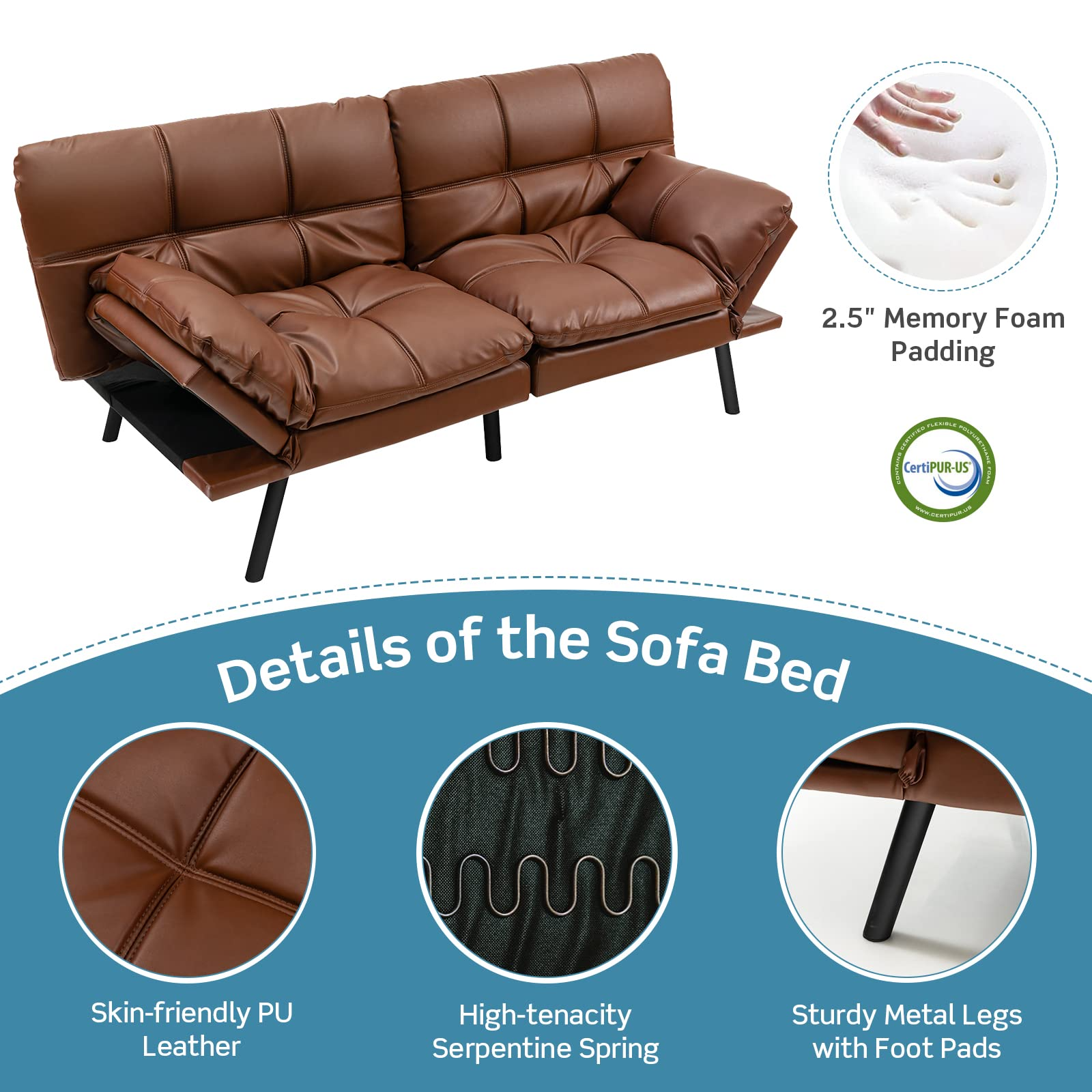 Futon Sofa Bed, Faux Leather Memory Foam Convertible Futon Couch with Adjustable Backrest & Armrests