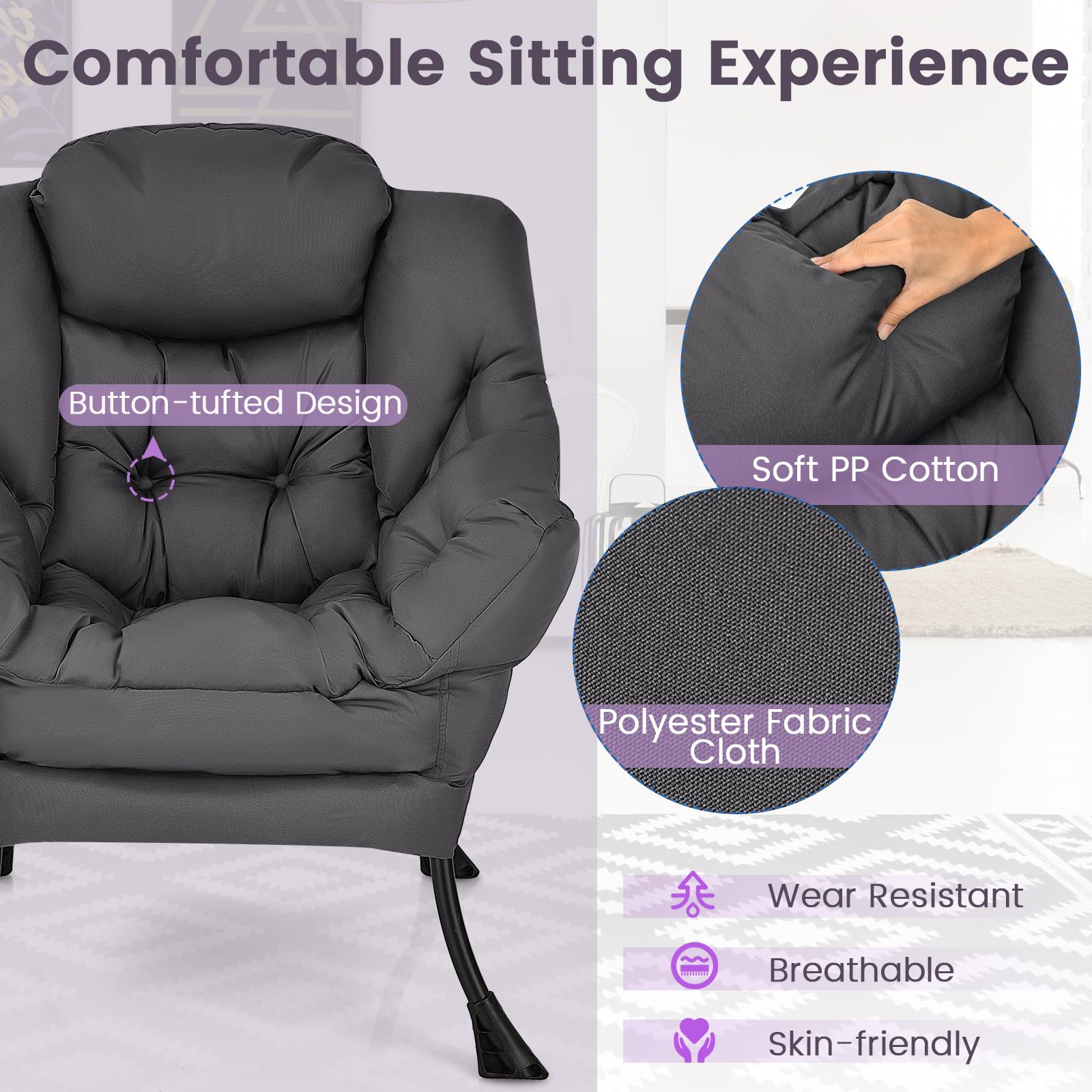 Modern Lazy Chair, Upholstered Single Sofa Chair w/Armrests & Side Pocket