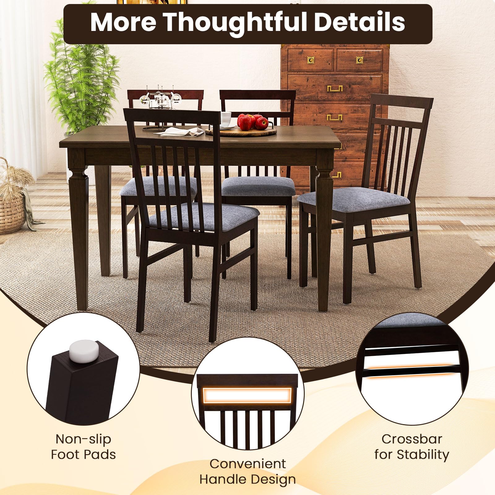 Armless Wood Dining Chairs Set of 2/4 with Cushion Seat,  Solid Rubber Wood Frame