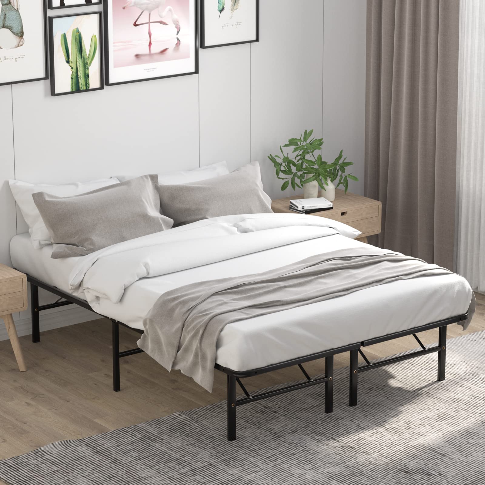 14 Inch Foldable Metal Platform Bed Frame, Tool-Free Assemble, Heavy Duty Folding Bed Frame w/Steel Slat & Underbed Storage