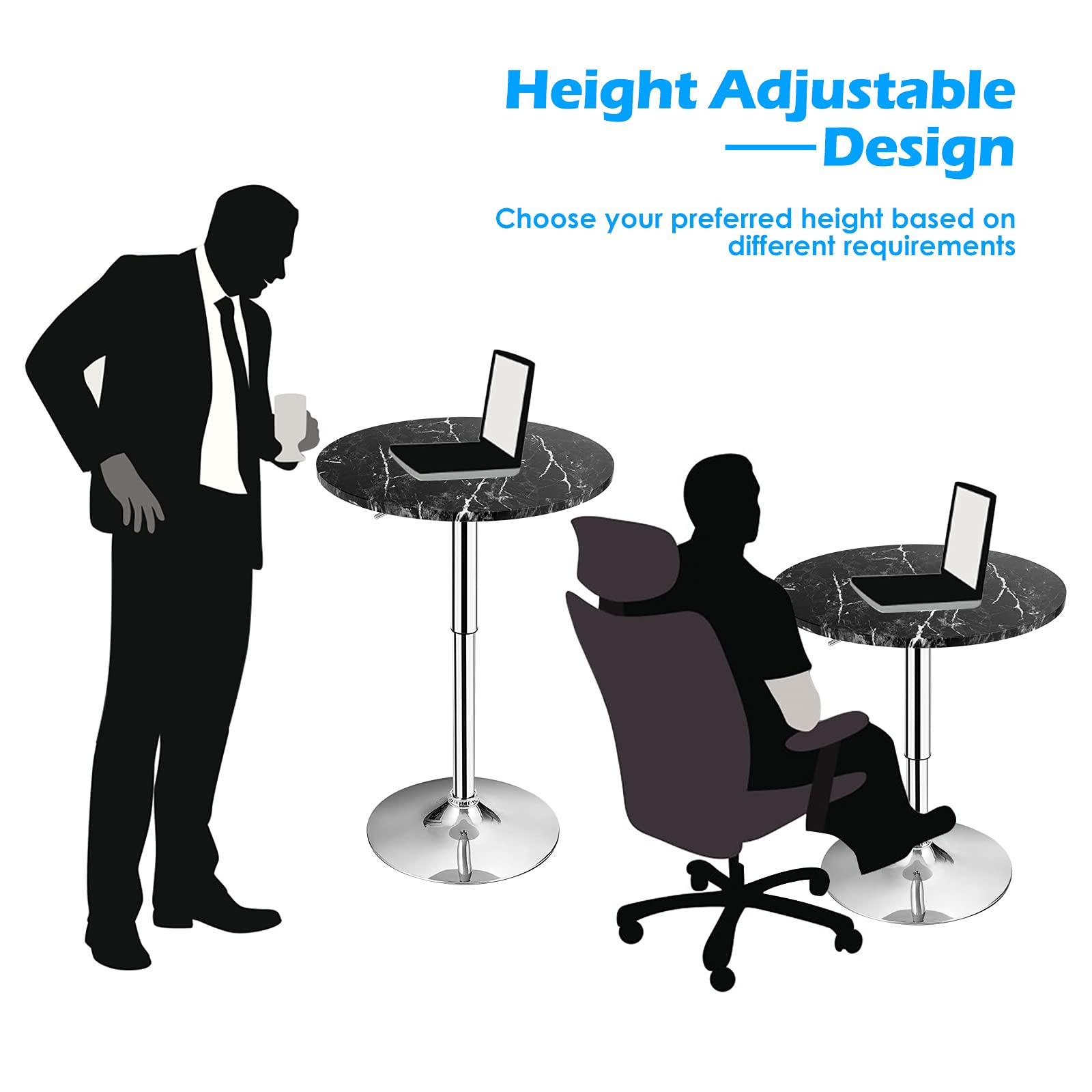 Round Pub Table Height Adjustable, 360&deg; Swivel Cocktail Pub Table with Sliver Leg and Base