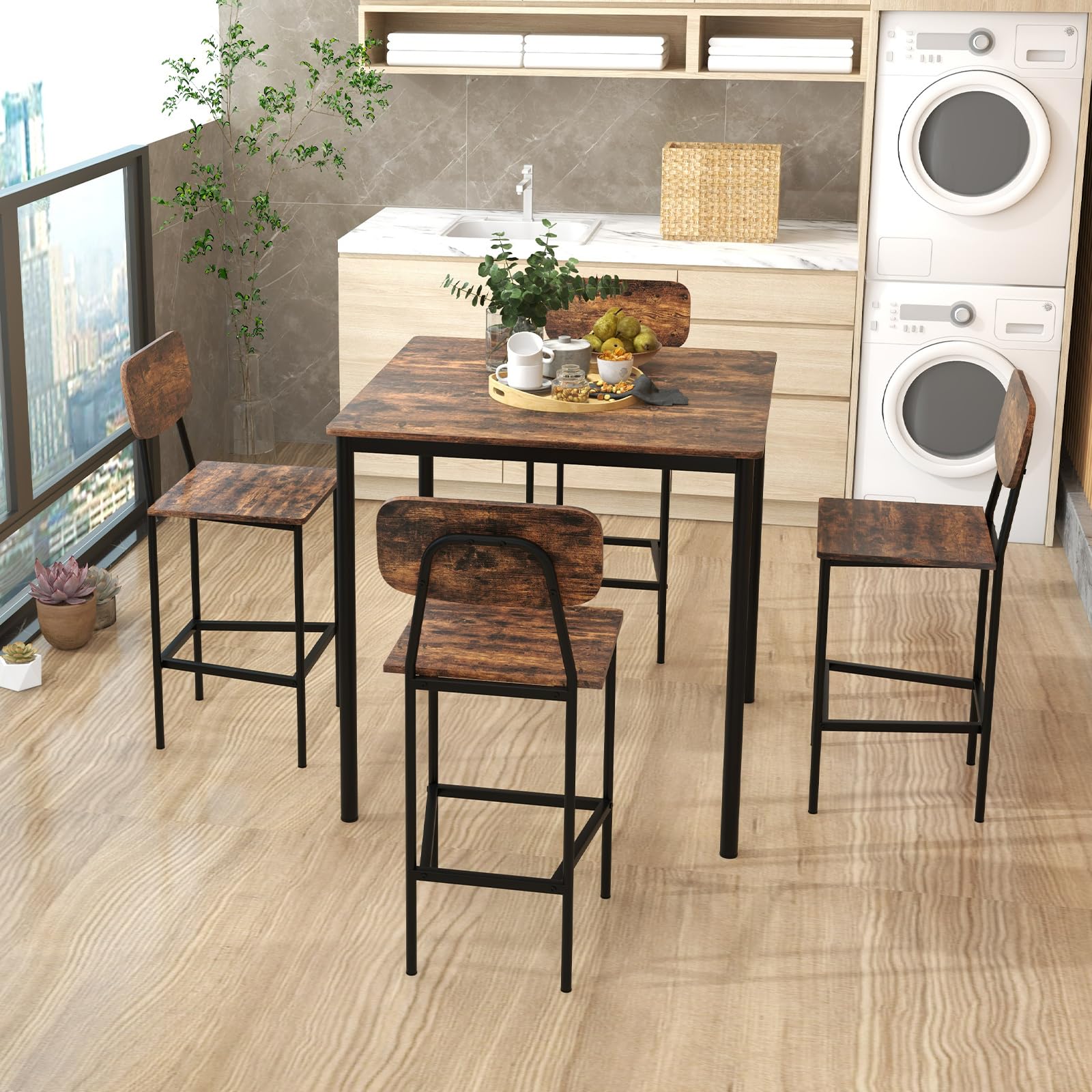 5 Piece Dining Table Set with Counter Height Table & 4 Bar Stools, Industrial Kitchen Dining Table Set  with Footrest & Backrest
