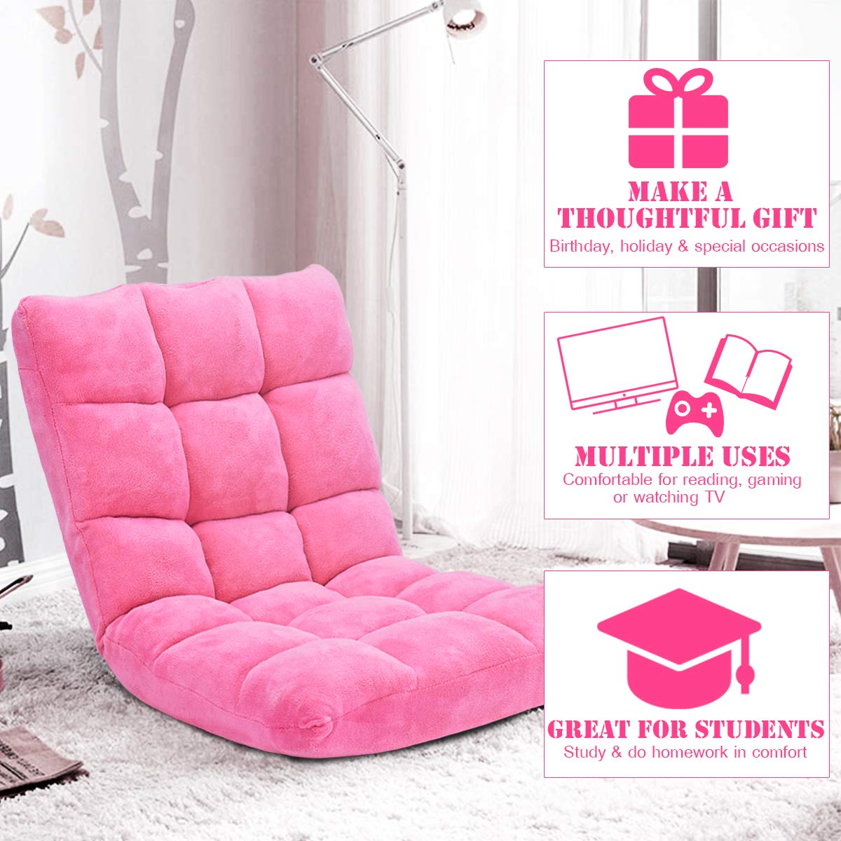 Floor Chairs for Adults - Floor Gaming Chair with Back Support, Coral Velvet, 14 Adjustable Position