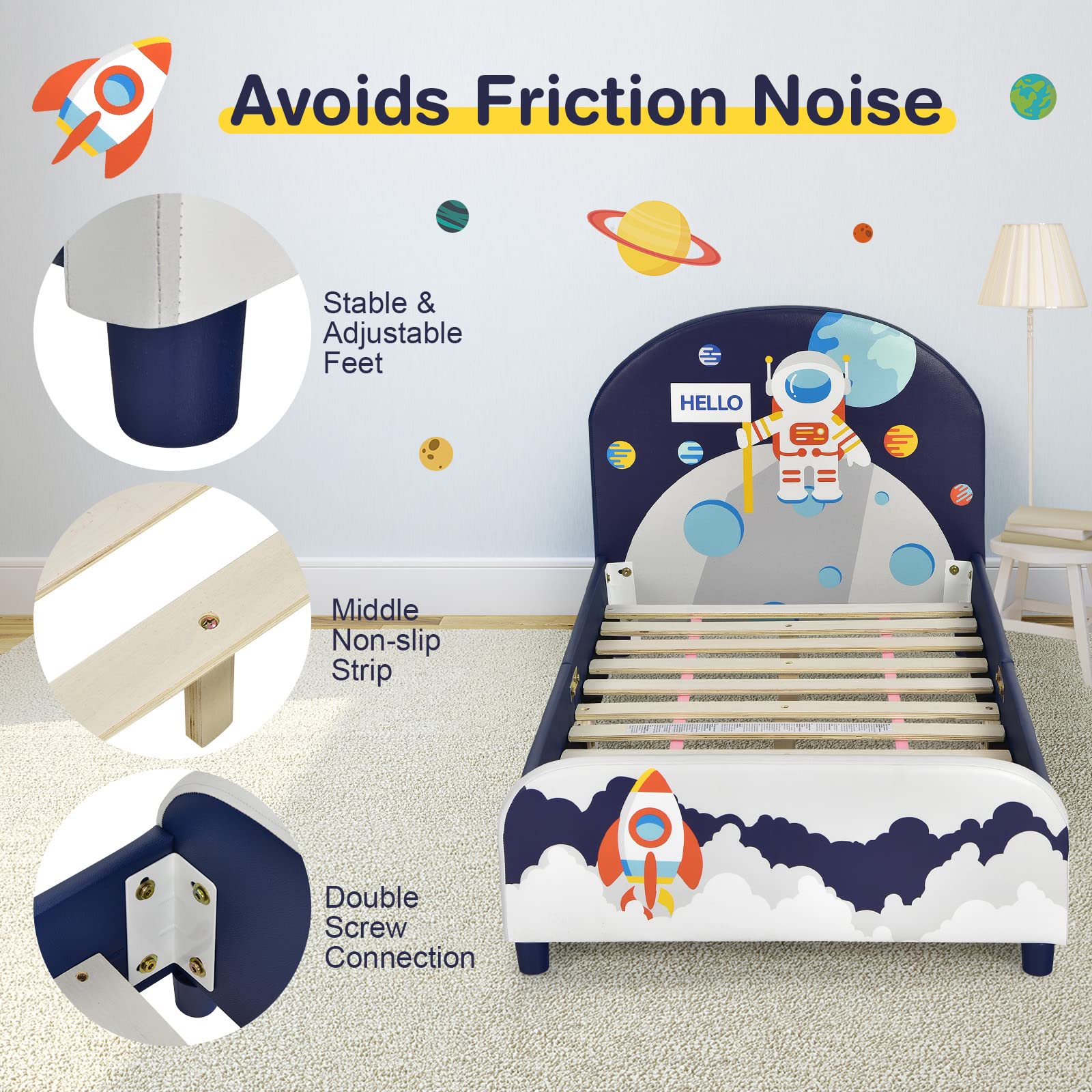 Kids Bed, Toddler Upholstered Platform Floor Bed w/Headboard & Wooden Slat Base