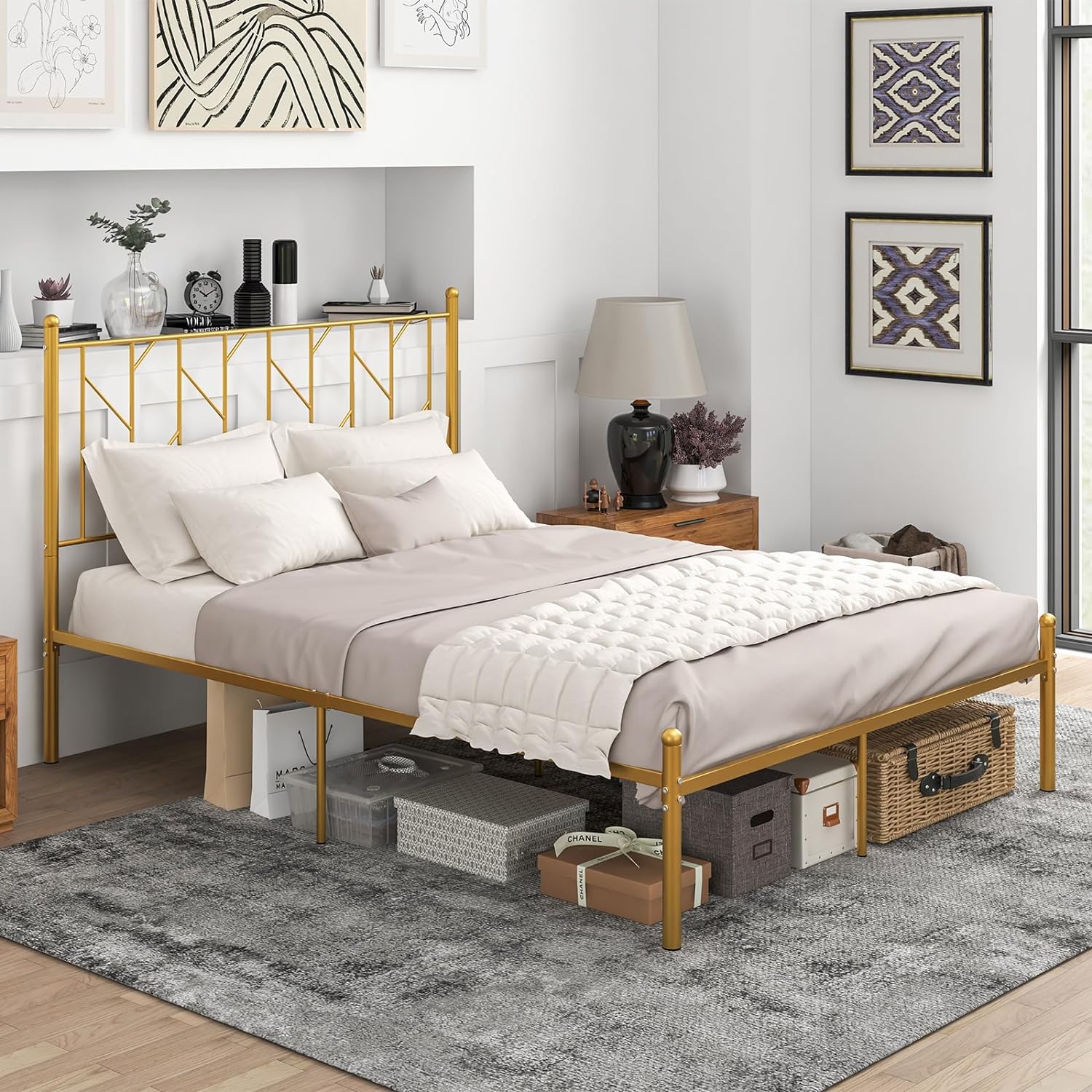 Metal Bed Frame with Victorian Style Headboard, 14 Metal Slats Support