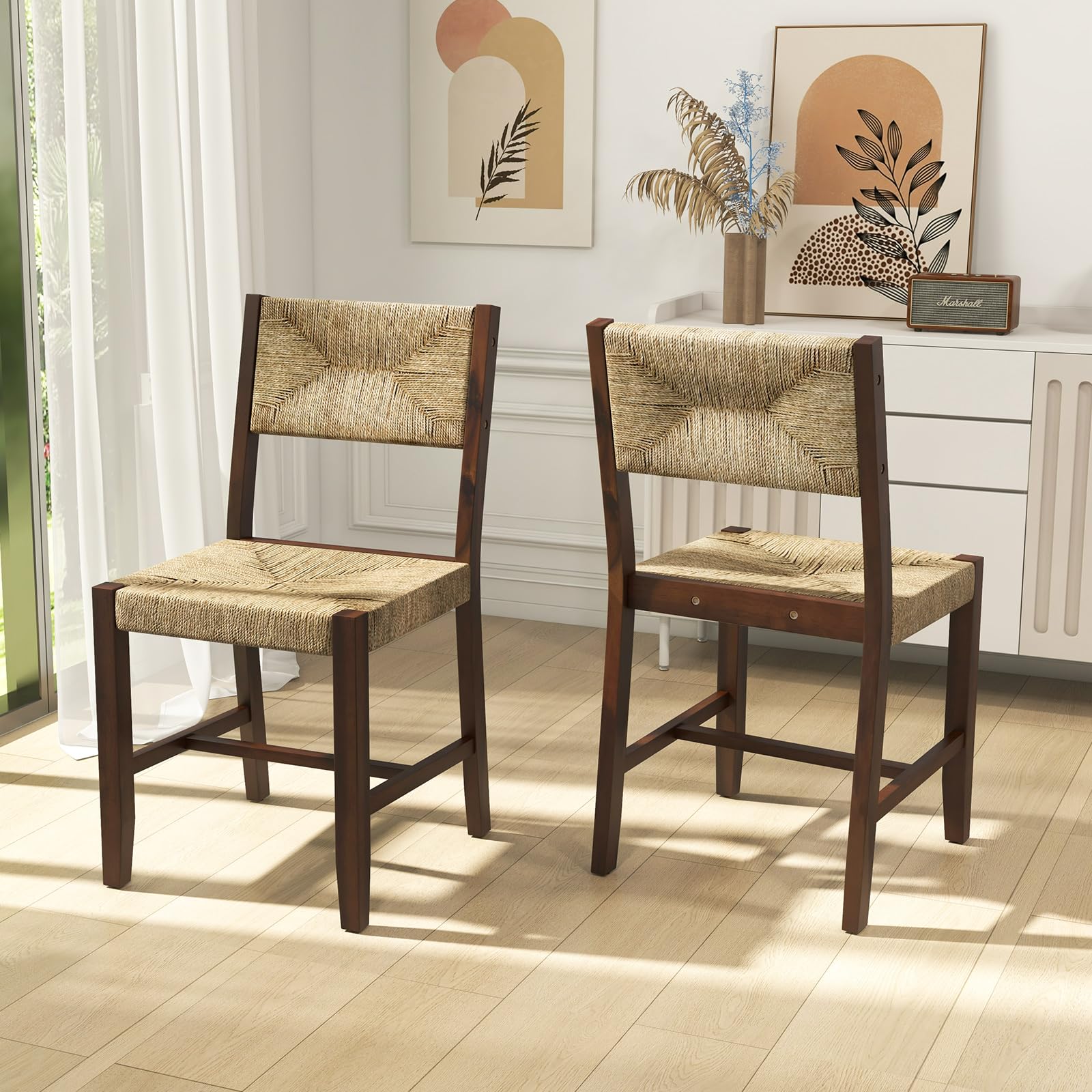 Rattan Dining Chairs Set of 2/4, Farmhouse Cane Side Chairs w/Woven Seaweed Backrest & Seat