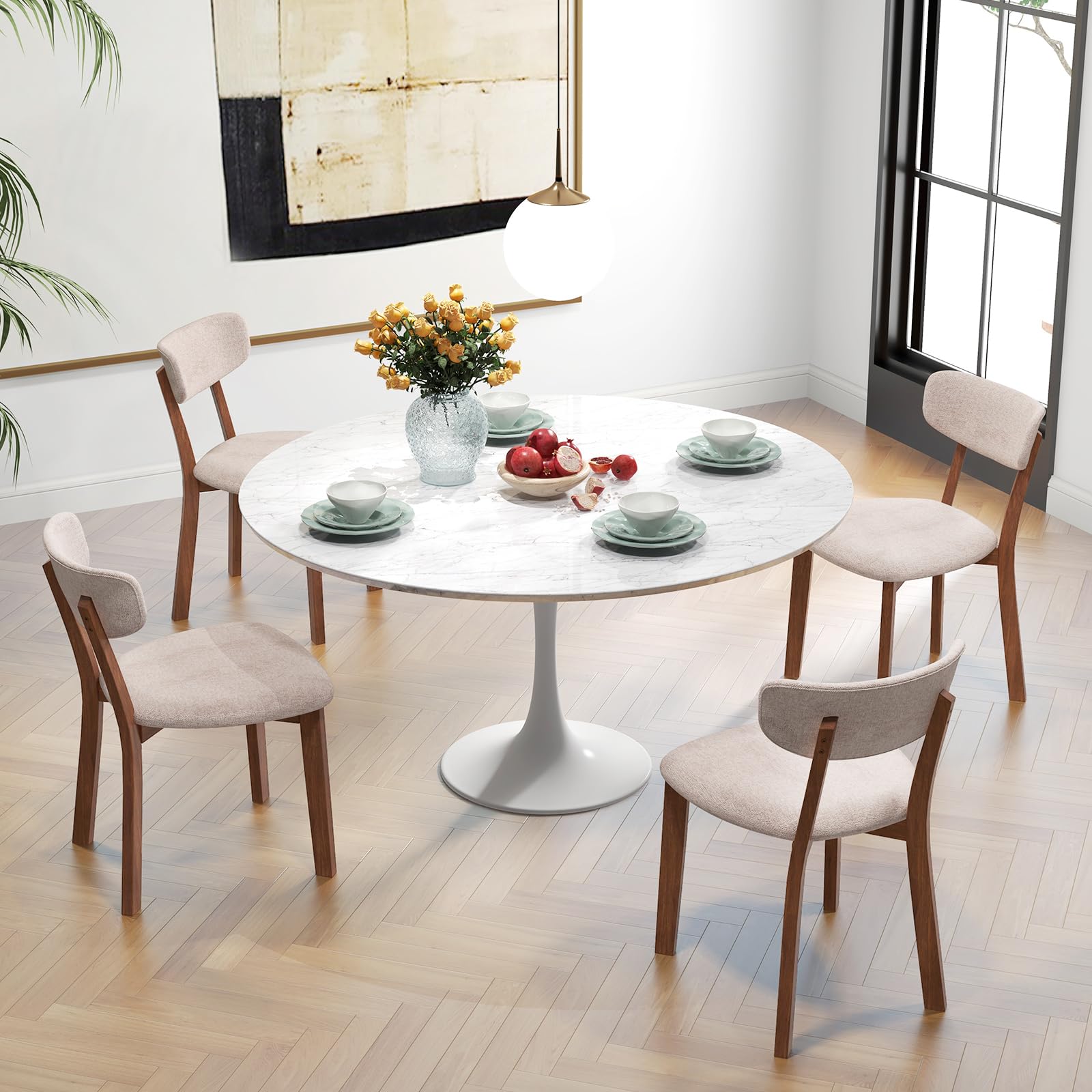Dining Chairs Set of 2/4, Upholstered Mid-Back Kitchen Chairs with Solid Rubber Wood Frame, Curved Backrest & Padded Seat Cushion